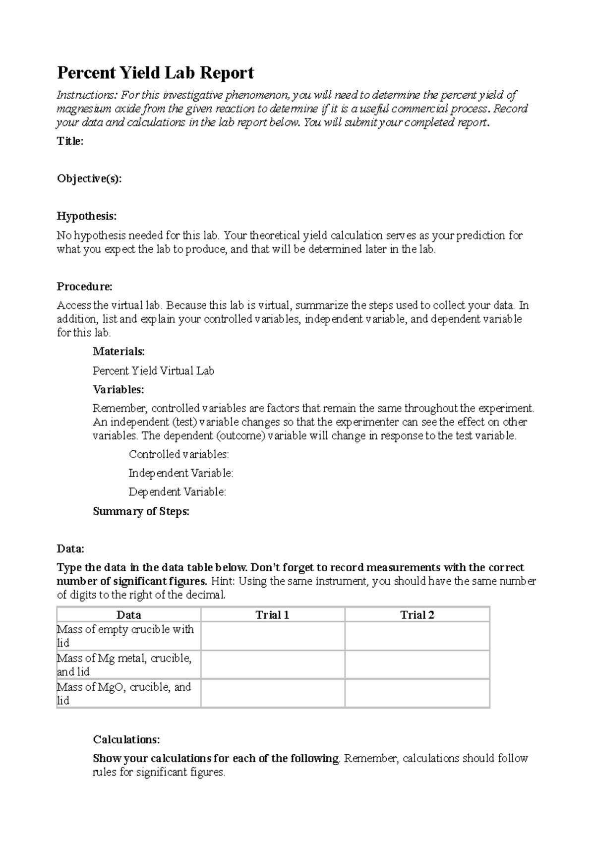 05 06 Lab Report - .... - Percent Yield Lab Report Instructions: For ...