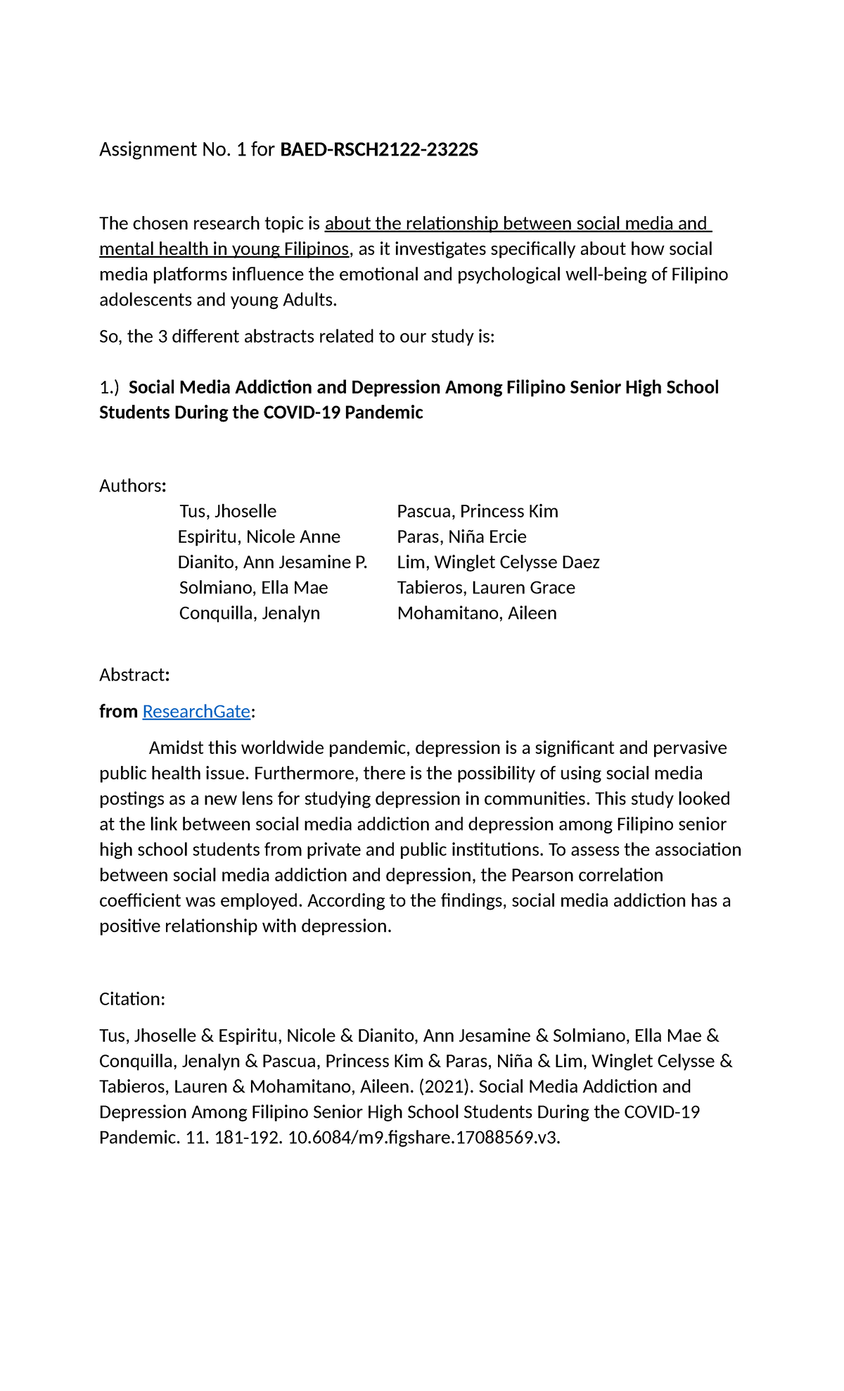 Research Assignment - Assignment No. 1 for BAED-RSCH2122-2322S The ...