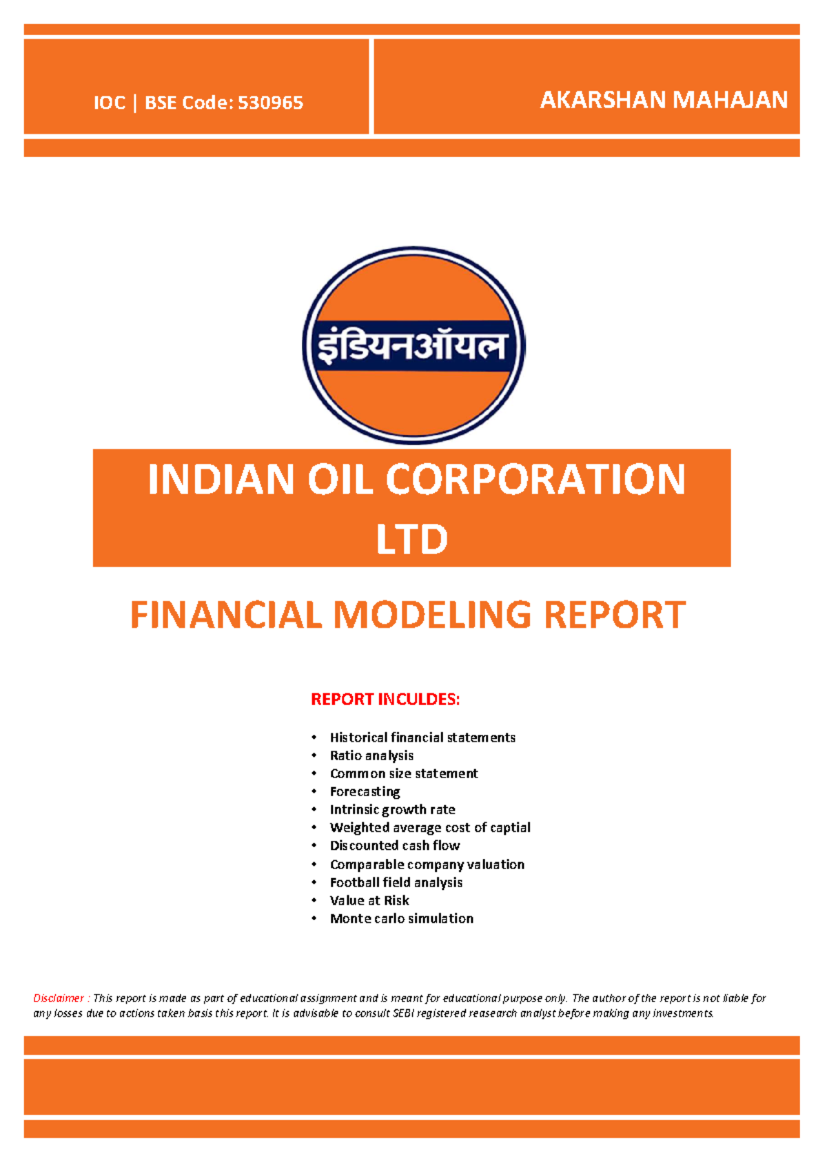 Report IOCL - Summary Post Graduation Diploma in Secutiries Markets ...