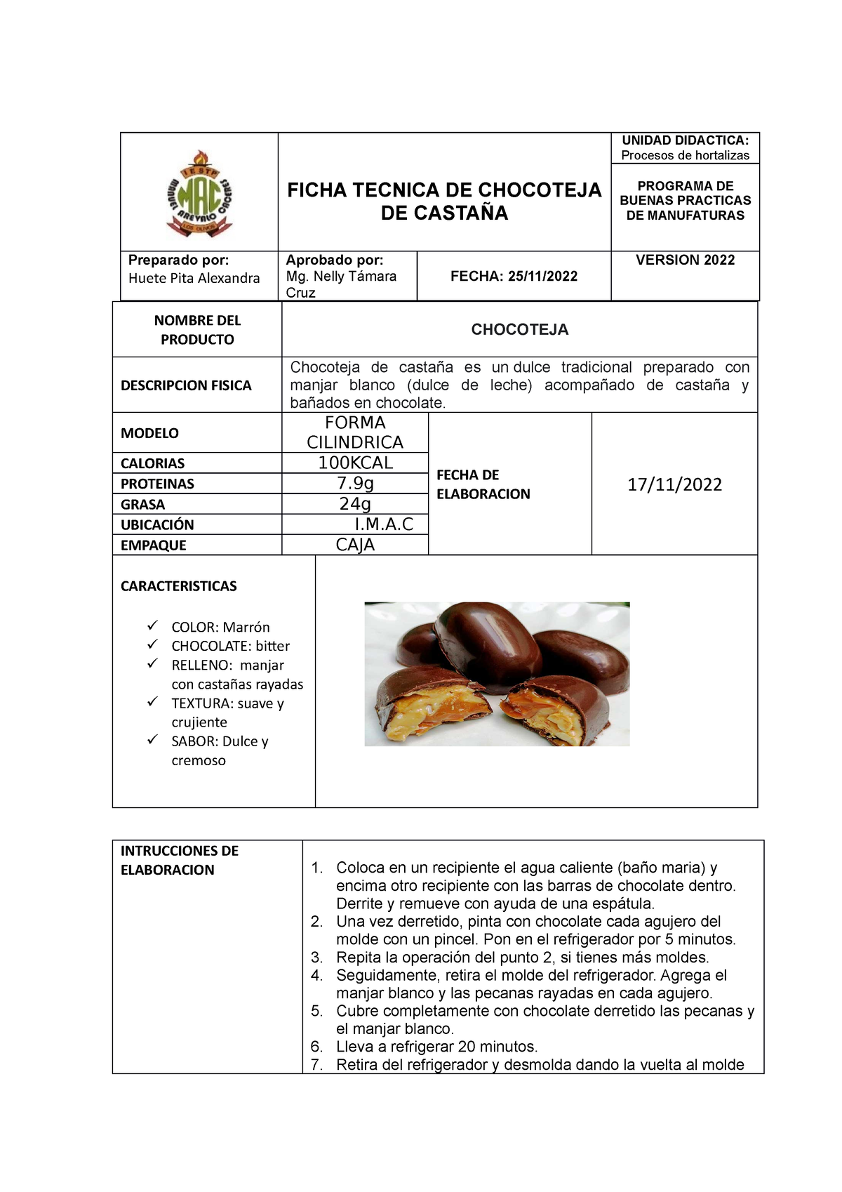 Chocoteja - FICHA TECNICA DE CHOCOTEJA DE CASTAÑA UNIDAD DIDACTICA ...