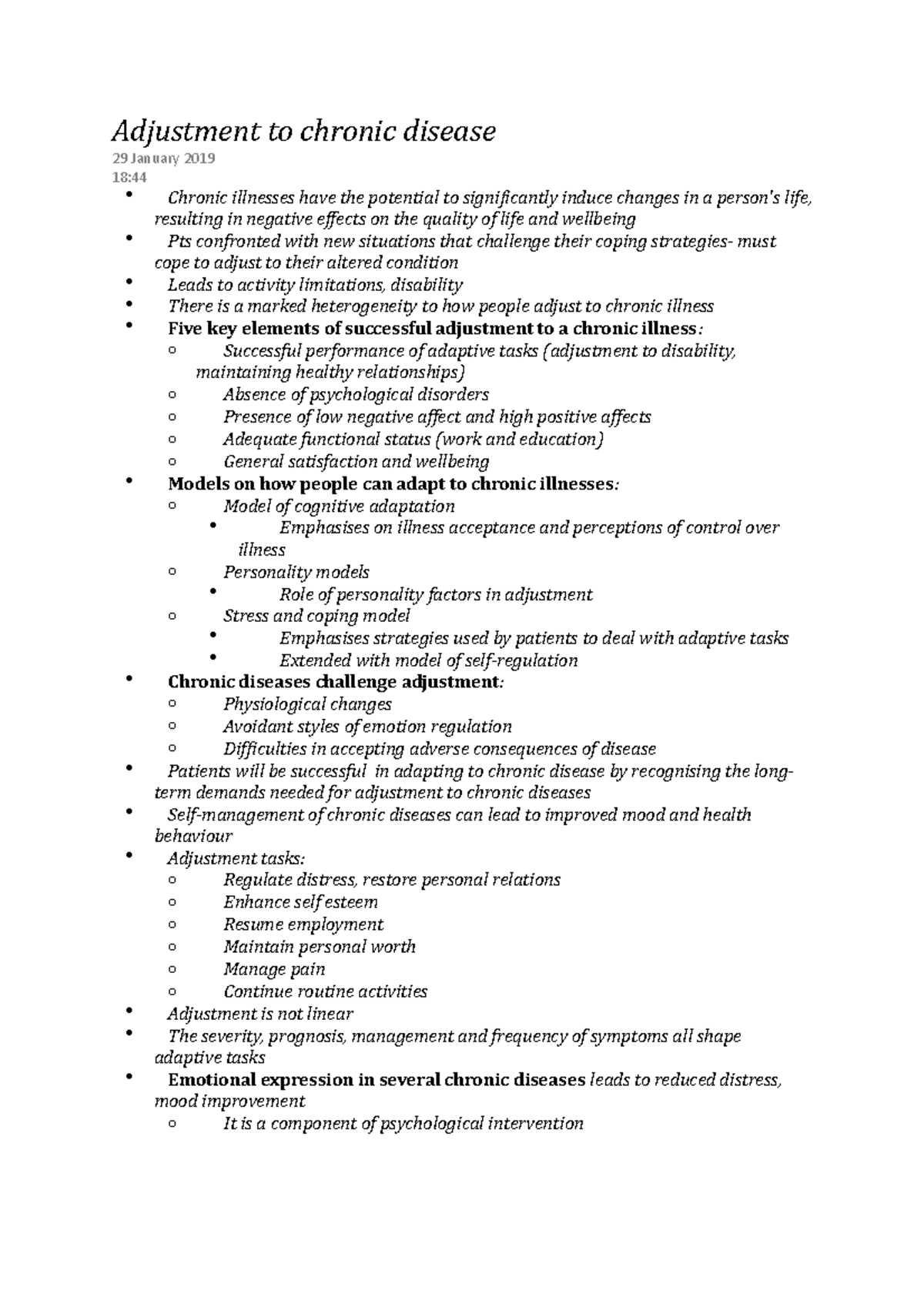 Adjustment to chronic disease - Studocu