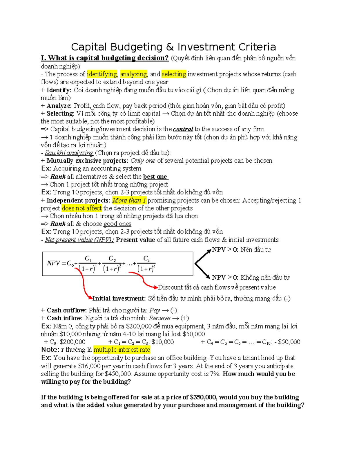 FM Final Take Note - Capital Budgeting & Investment Criteria I. What is ...