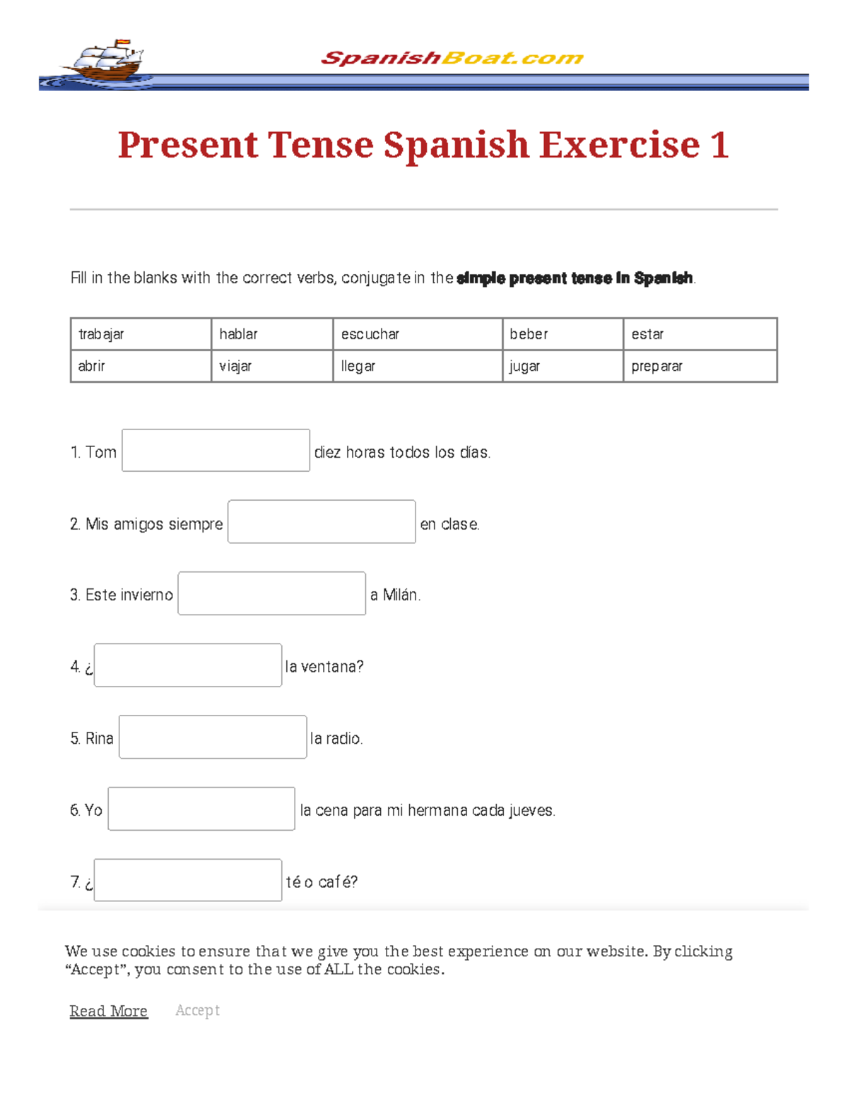 Present Tense Spanish Exercise 1 Spanish Boat - Present Tense Spanish ...