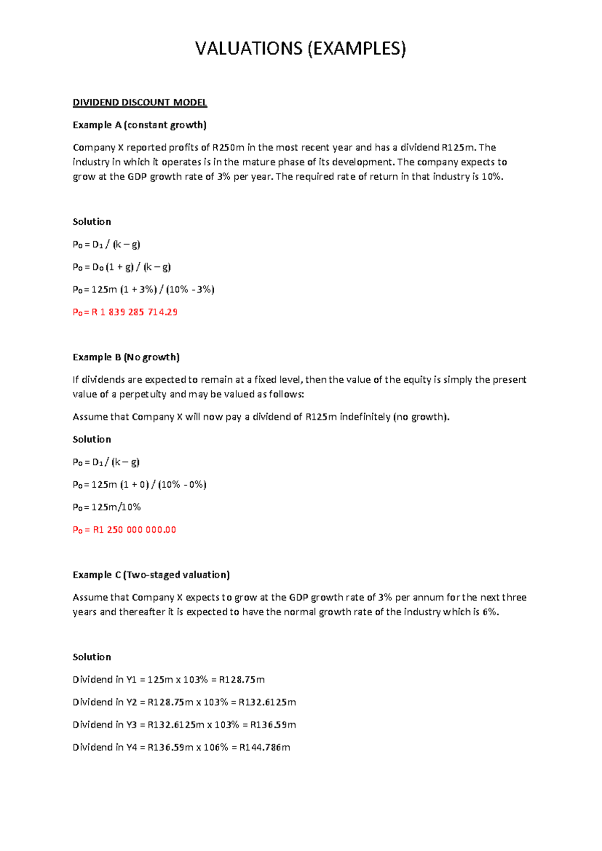 Valuations - Example Document - VALUATIONS (EXAMPLES) DIVIDEND DISCOUNT ...