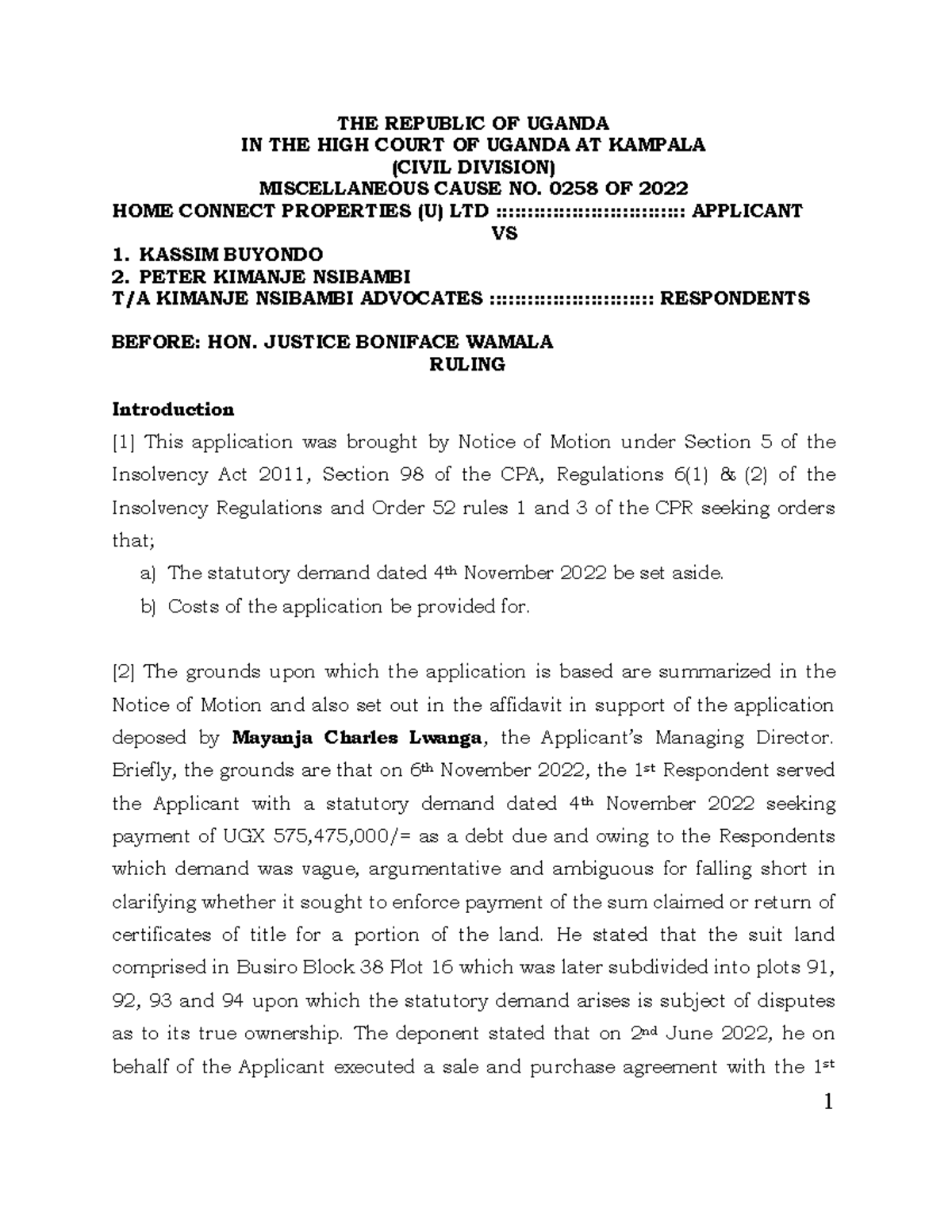 Home Connect Properties (U) Limited v Buyondo and Another
