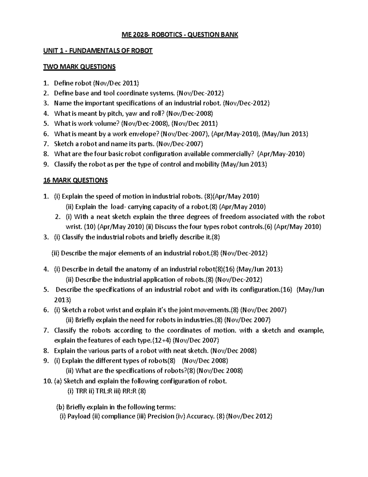 INDUSTRIAL ROBOT QUESTION BANK ME 2028 ROBOTICS QUESTION BANK UNIT