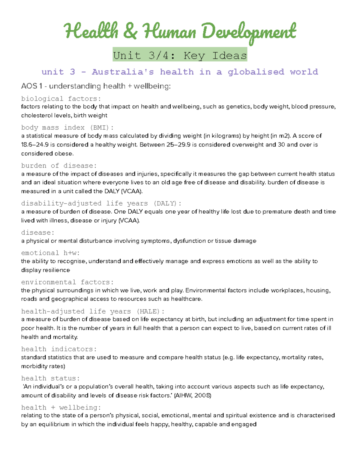Key ideas - notes - H ealt & Huma Developmen Unit 3/4: Key Ideas unit 3 ...
