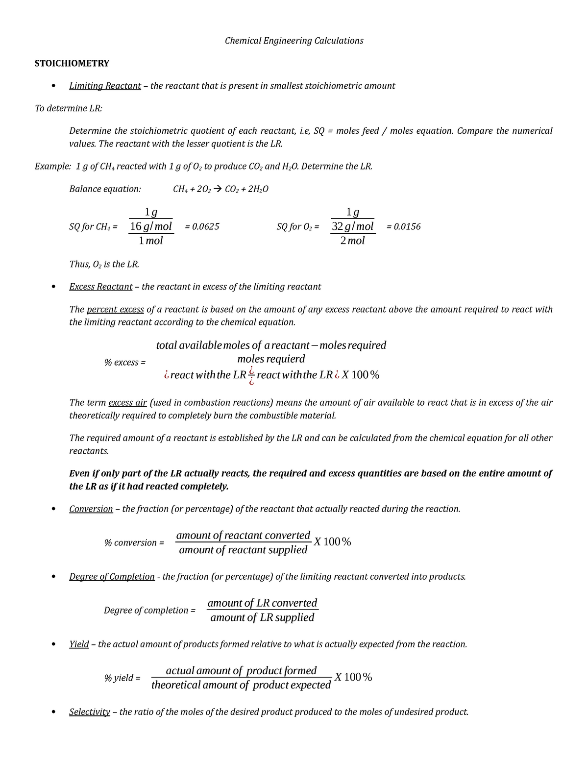 Chemical Engineering Calculation Chemical Engineering Calculations Stoichiometry Studocu