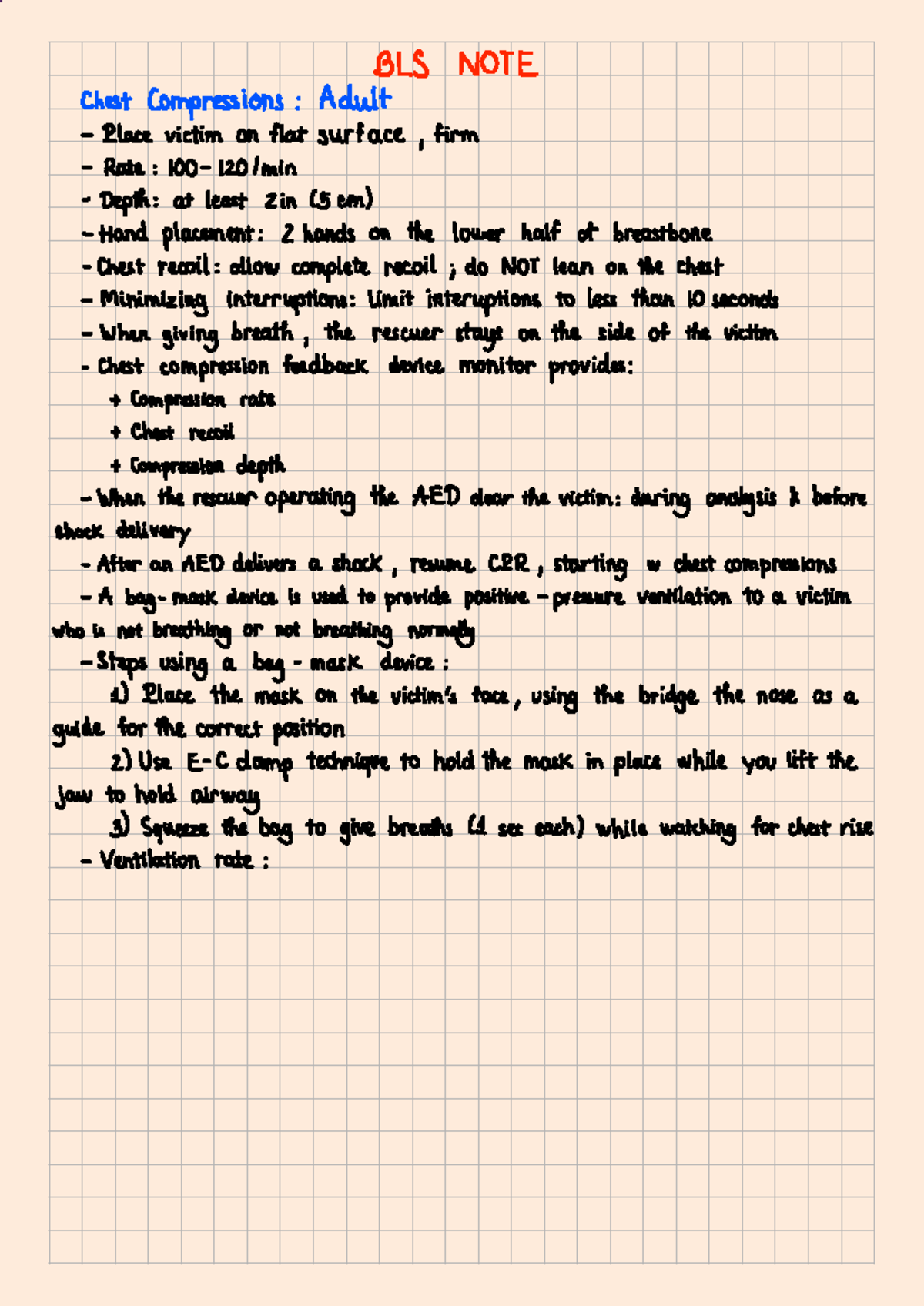 BLS NOTE - BLS NOTE - BLS NOTE Chest Compressions : Adult Place victim ...