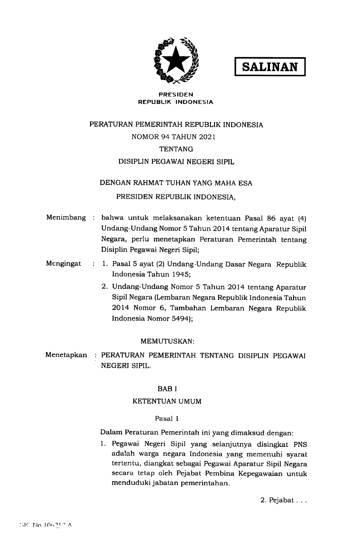 PP Nomor 94 Tahun 2021 - SALINAN PRESIDEN REPUBLIK INDONESIA PERATURAN ...