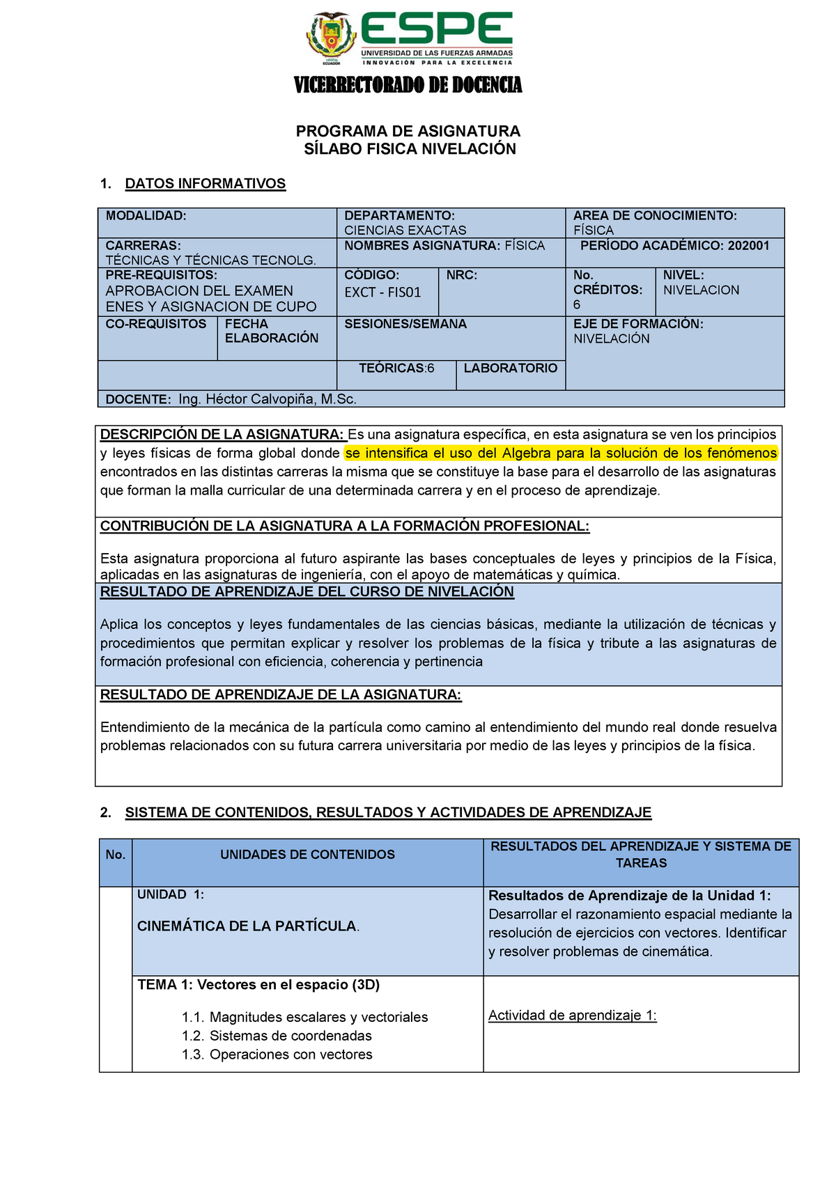 Silabo Fisica - Lecture Notes 1 - PROGRAMA DE ASIGNATURA SÍLABO FISICA ...