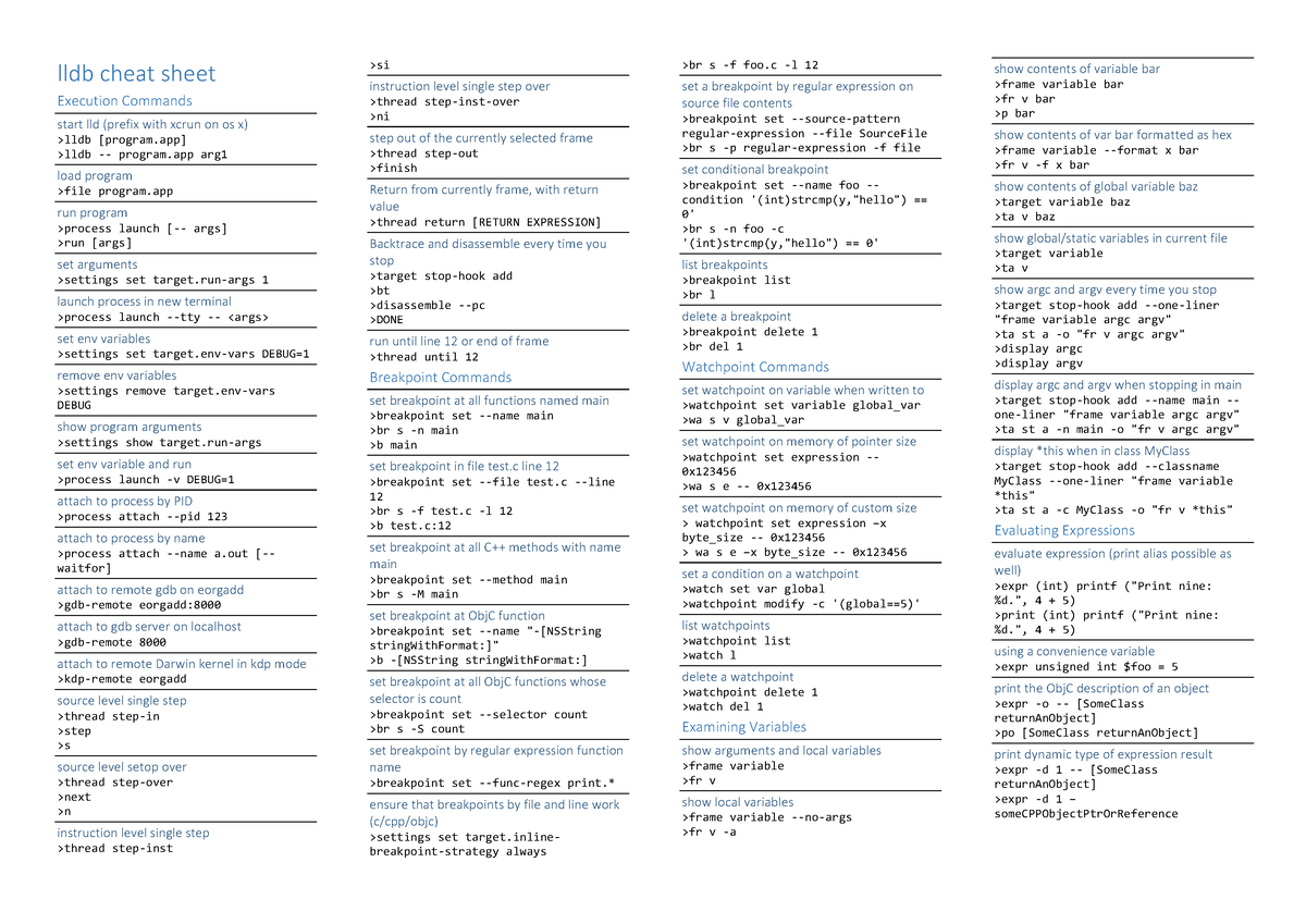 Lldb cheat sheet - lldb cheat sheet Execution Commands start lld ...