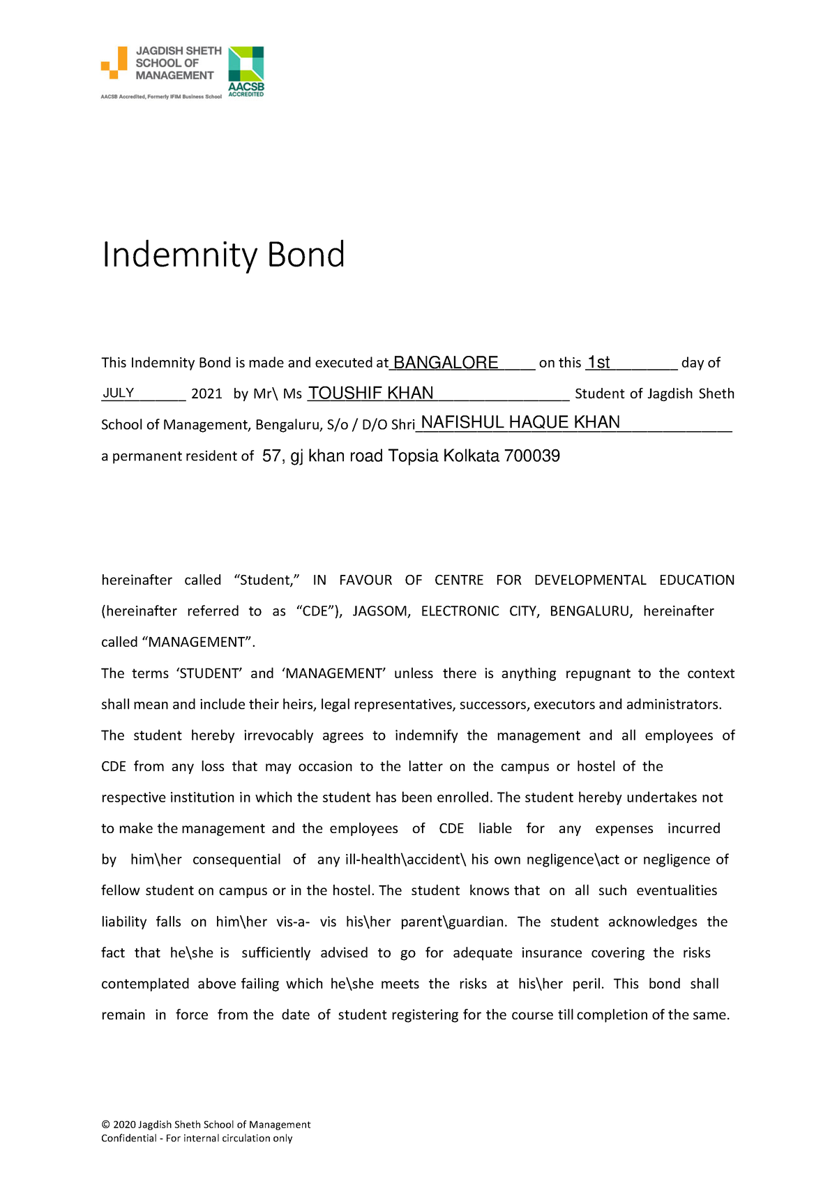 05 Indemnity Bond Inndi Indemnity Bond This Indemnity Bond Is Made And Executed Studocu