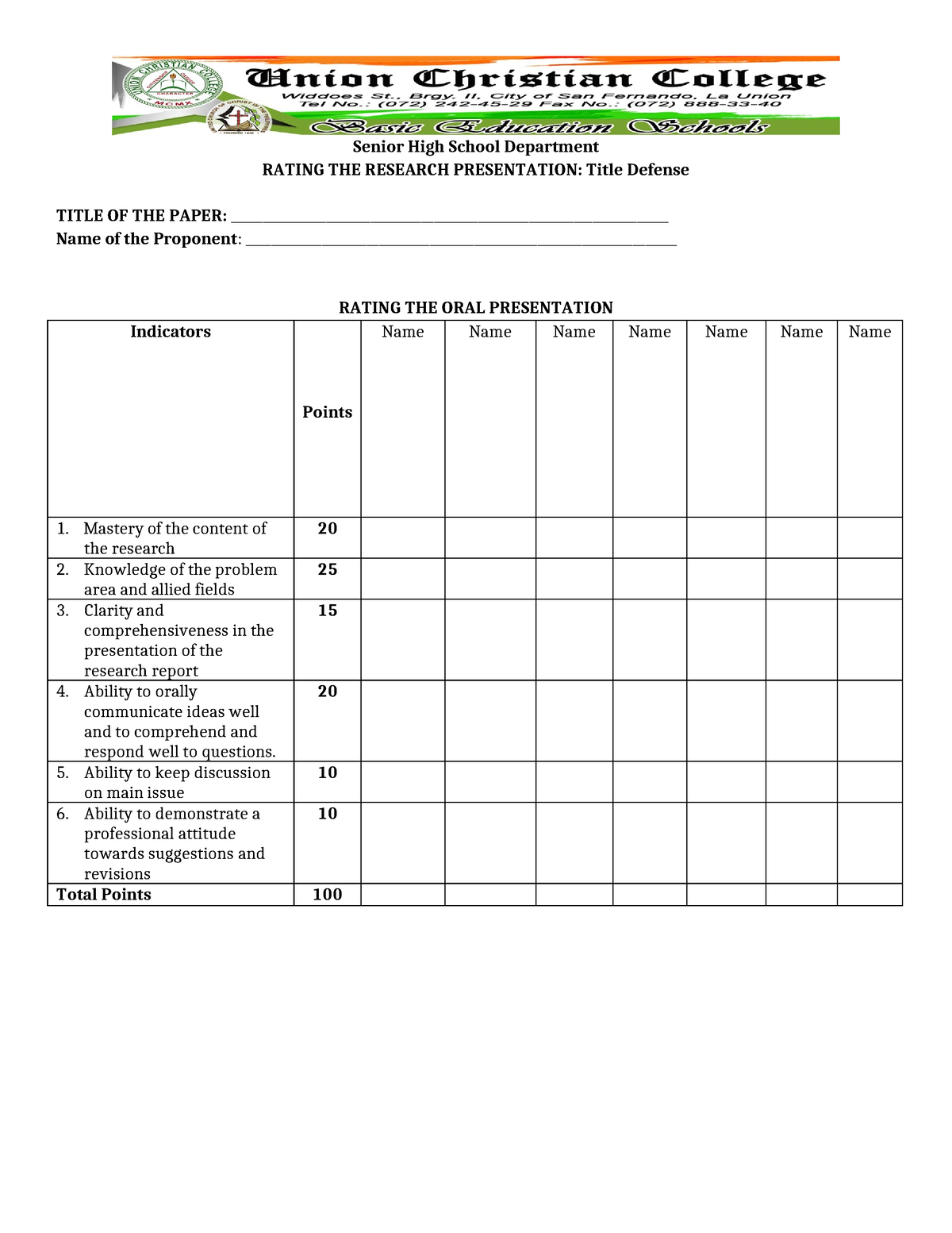 Defense Rating scale 1 - Jansb - Senior High School Department RATING ...