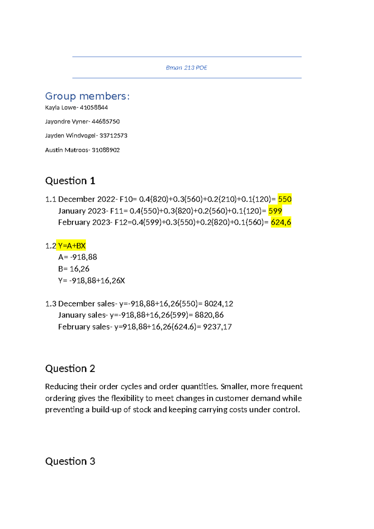 Bman 213 POE - This is a compulsory POE calculation assignment - Bman ...