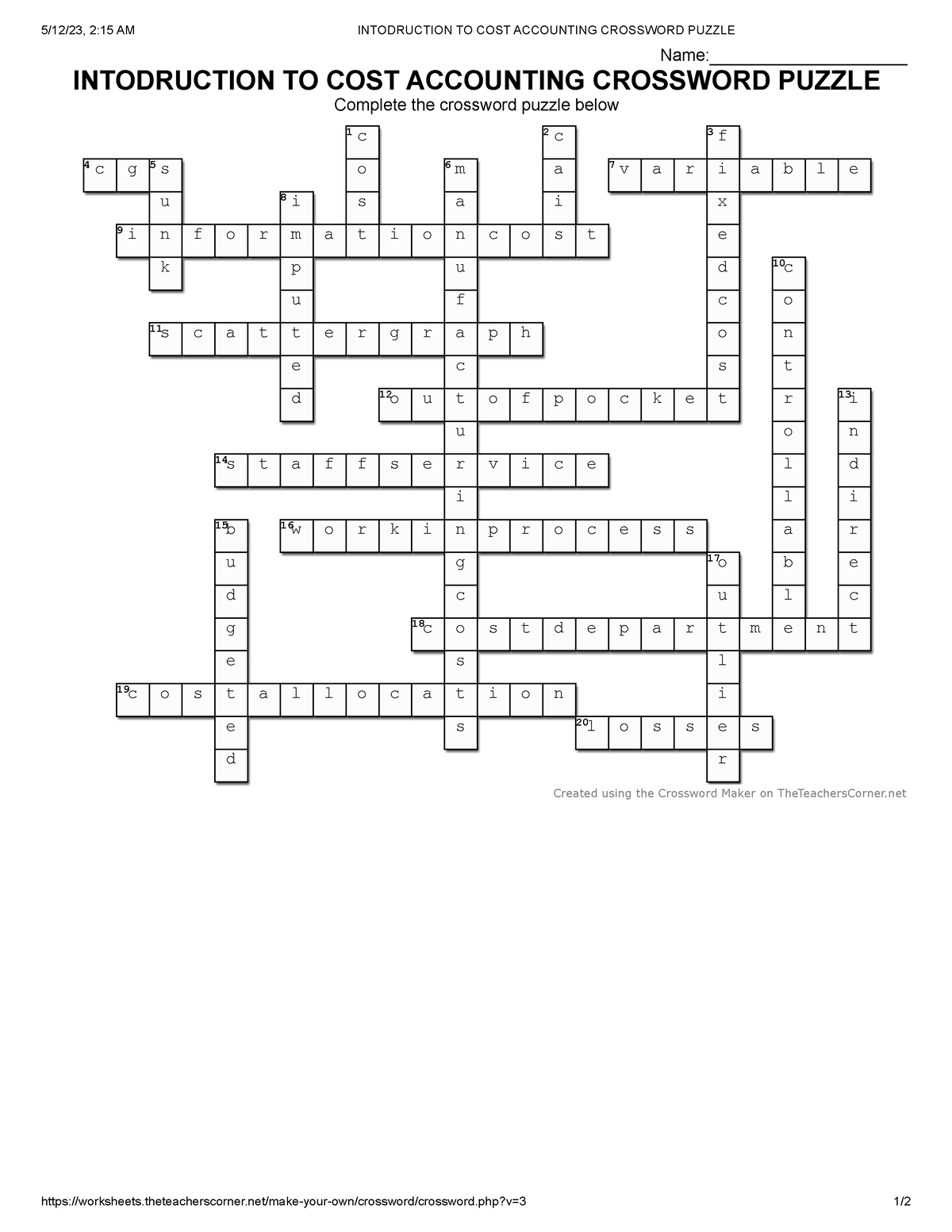 Intodruction TO COST Accounting Crossword Puzzle WITH Answer 5/12/23