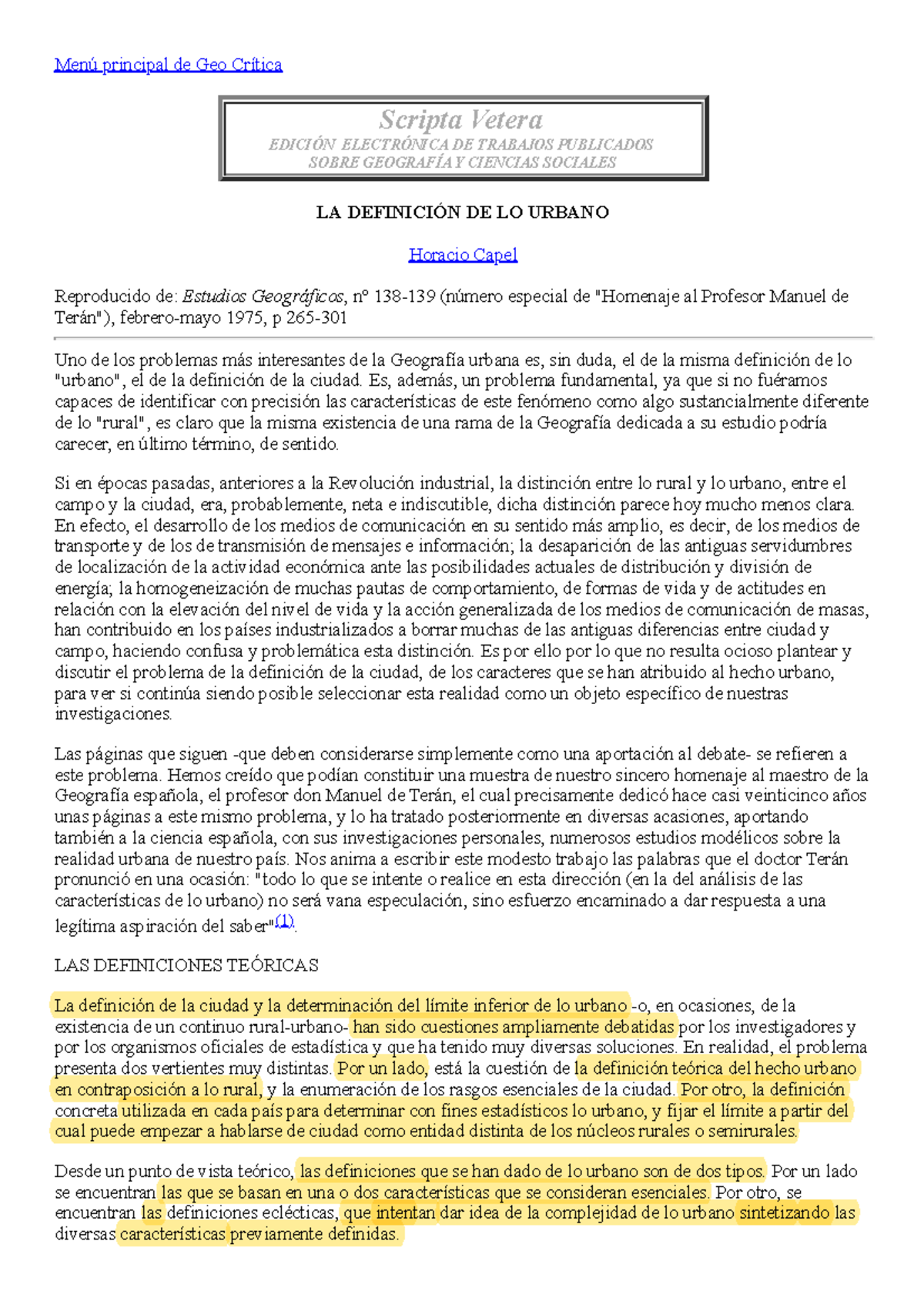 La definicion de lo urbano Horacio Capel - Menú principal de Geo ...