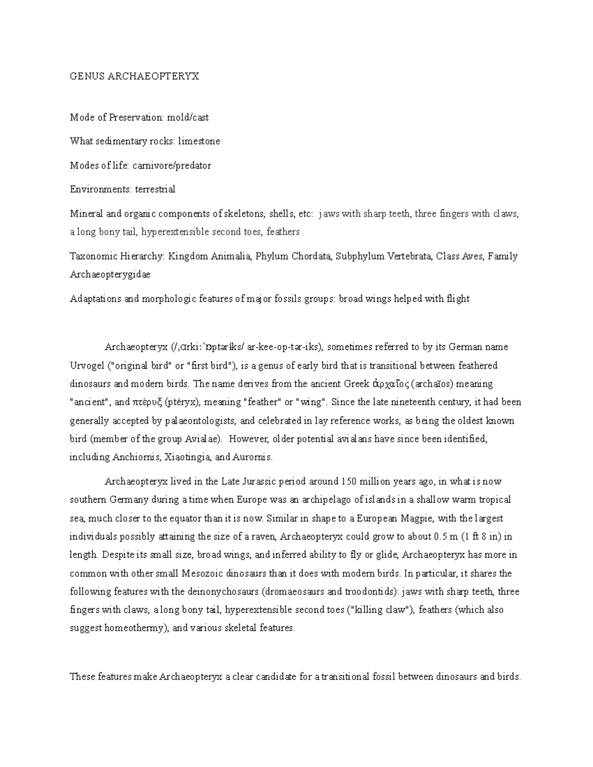 Genus Archaeopteryx (printed) GENUS ARCHAEOPTERYX Mode of