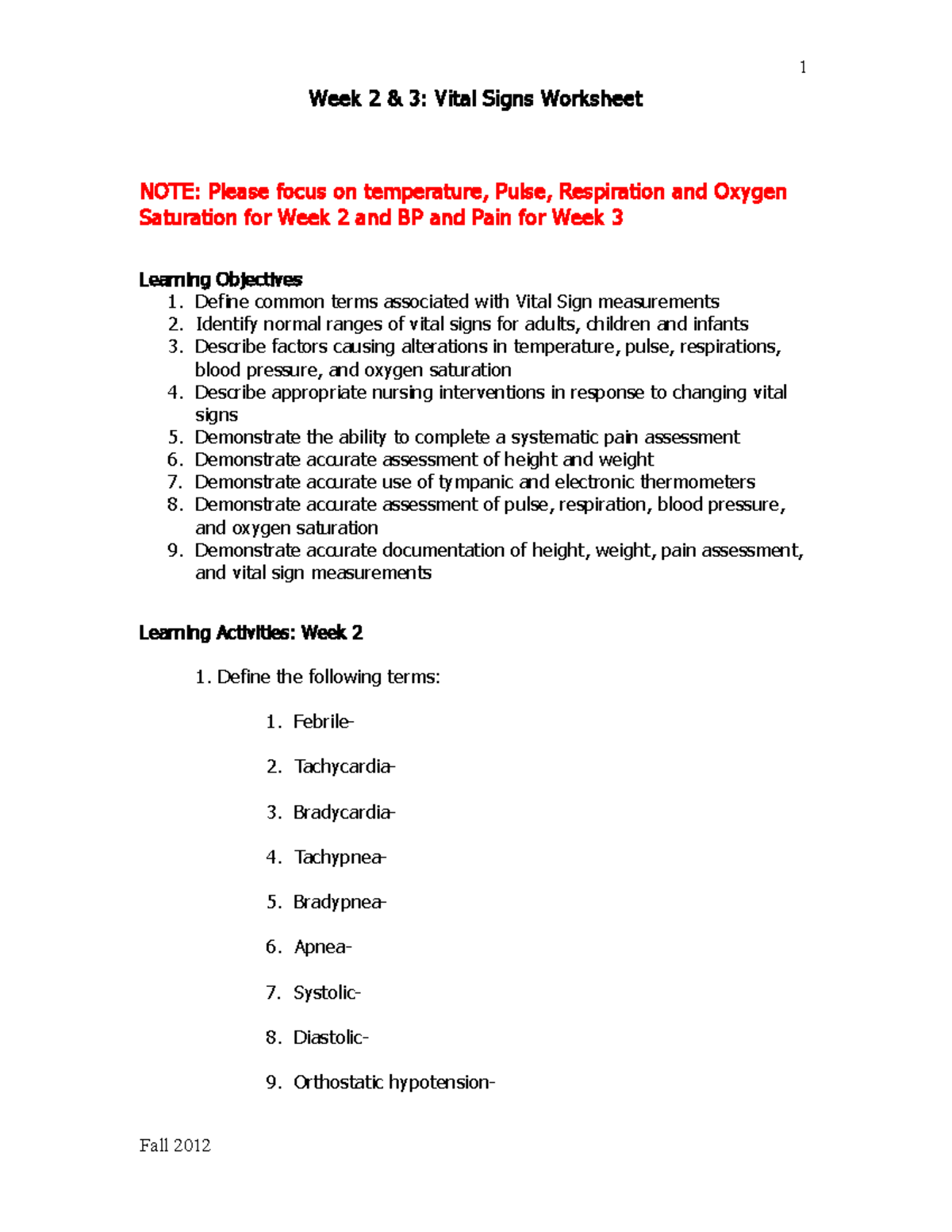 Vital Signs Learning Sheet Week 2 3 Vital Signs Worksheet NOTE 