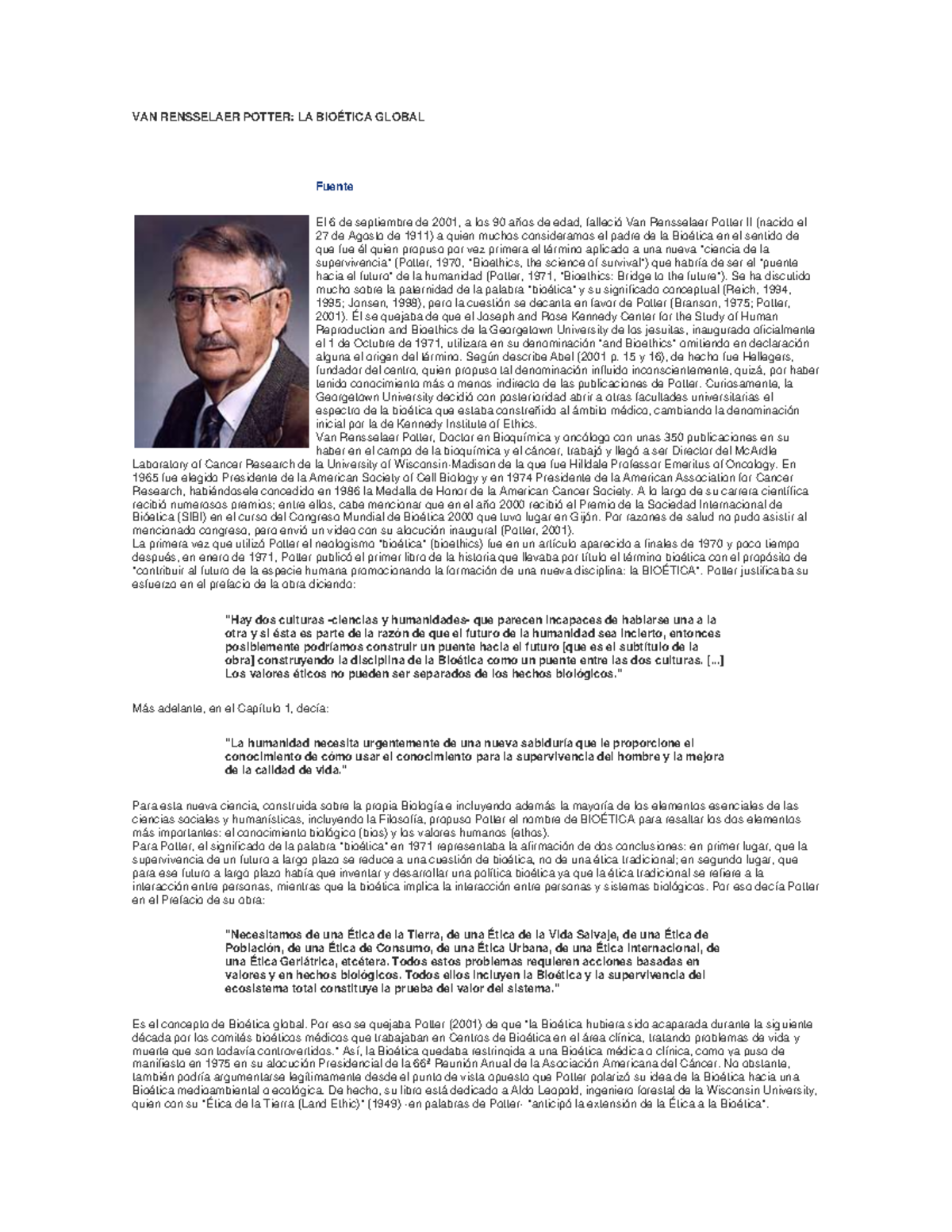 227894490 Van Rensselaer Potter La Bioetica Global VAN RENSSELAER