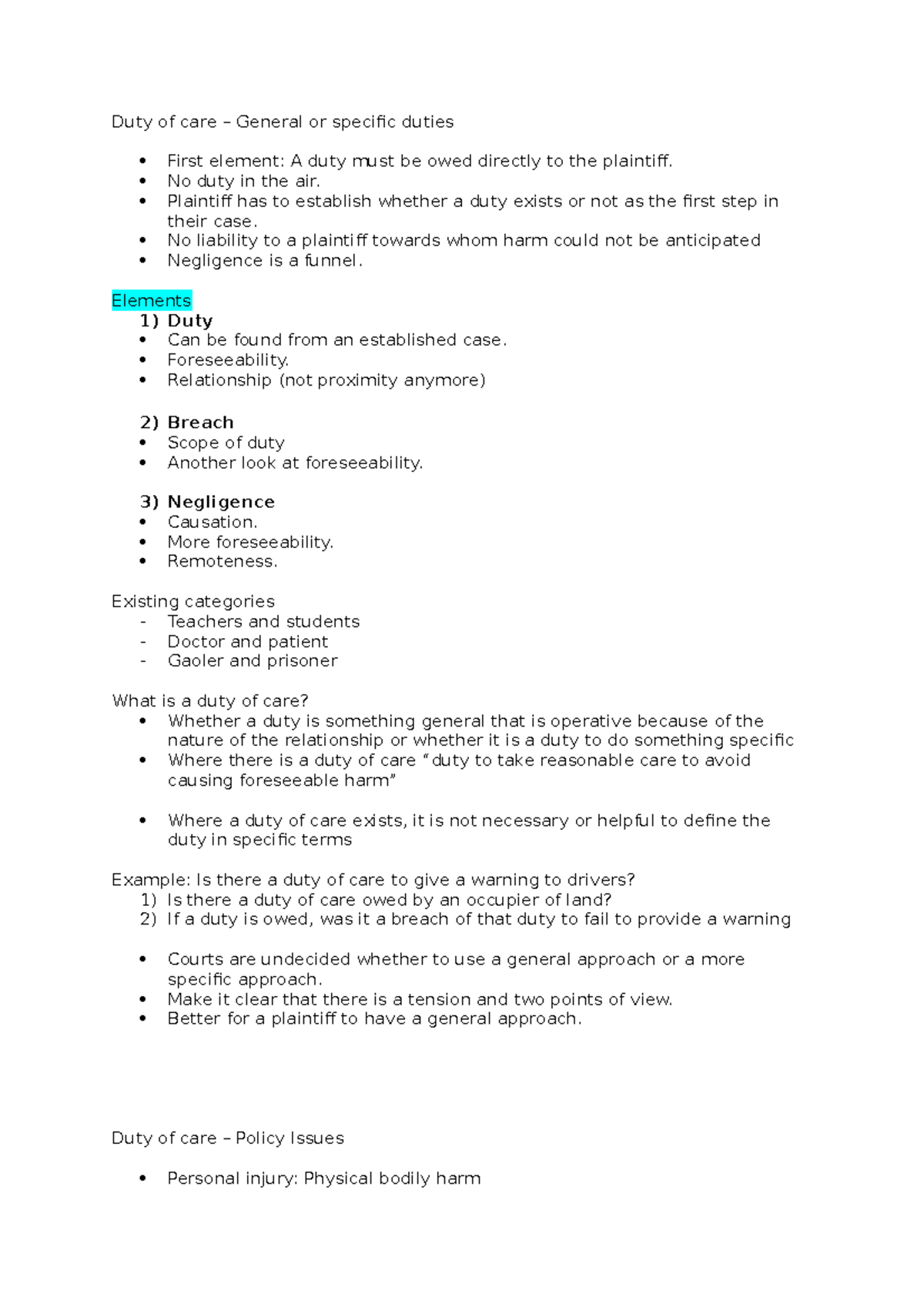 Torts B Summary - Lecture Notes 1-12 - Duty Of Care – General Or ...