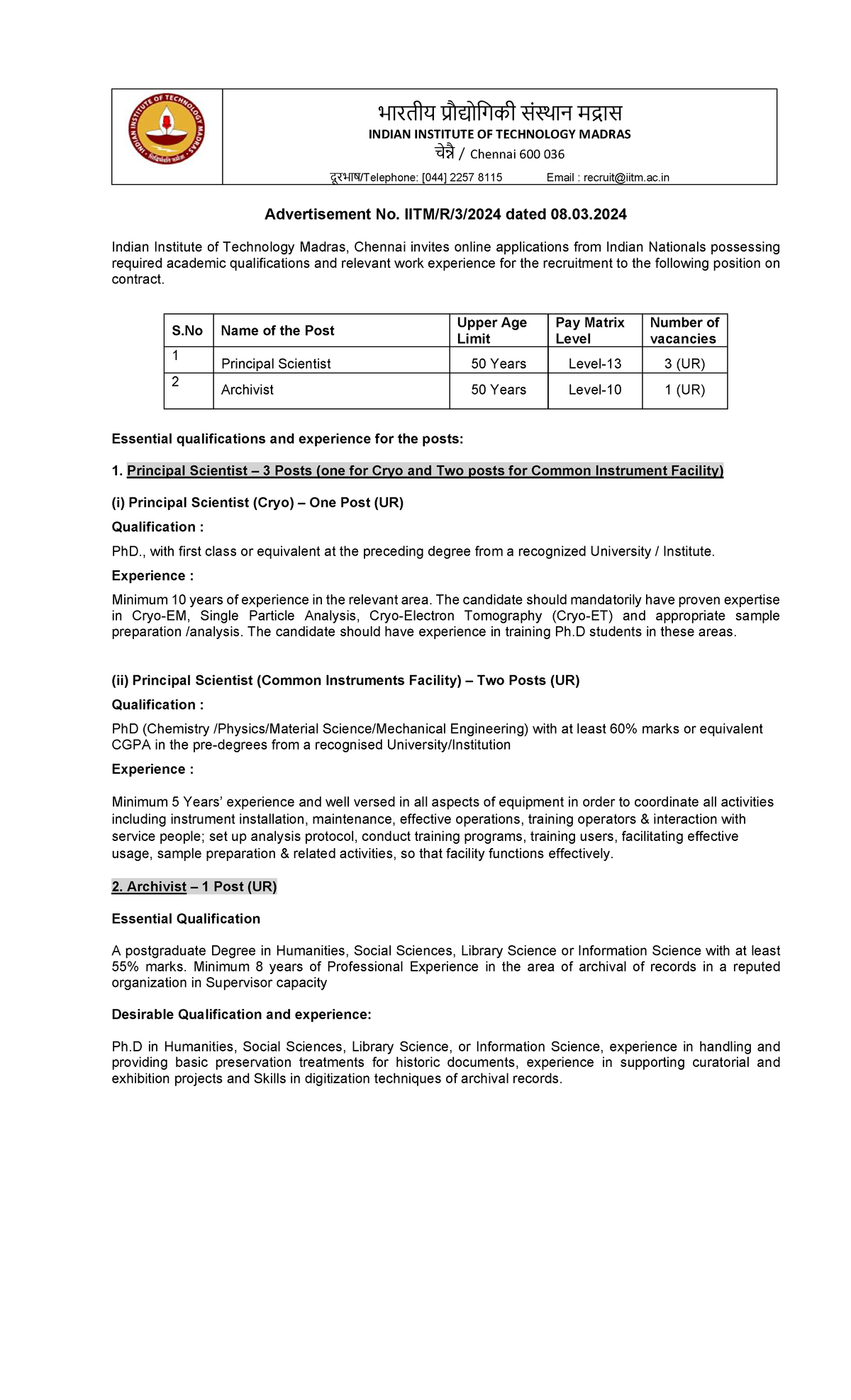 R324 Detailed Advt - भारतीय ŮौȨोिगकी सं˕ान मūास INDIAN INSTITUTE OF ...