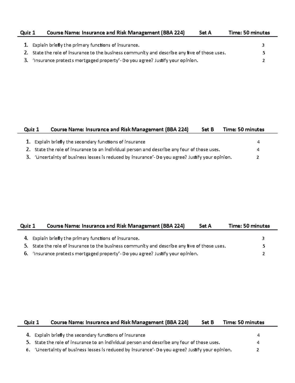 Quiz 1 Risk Management - Quiz 1 Course Name: Insurance And Risk ...