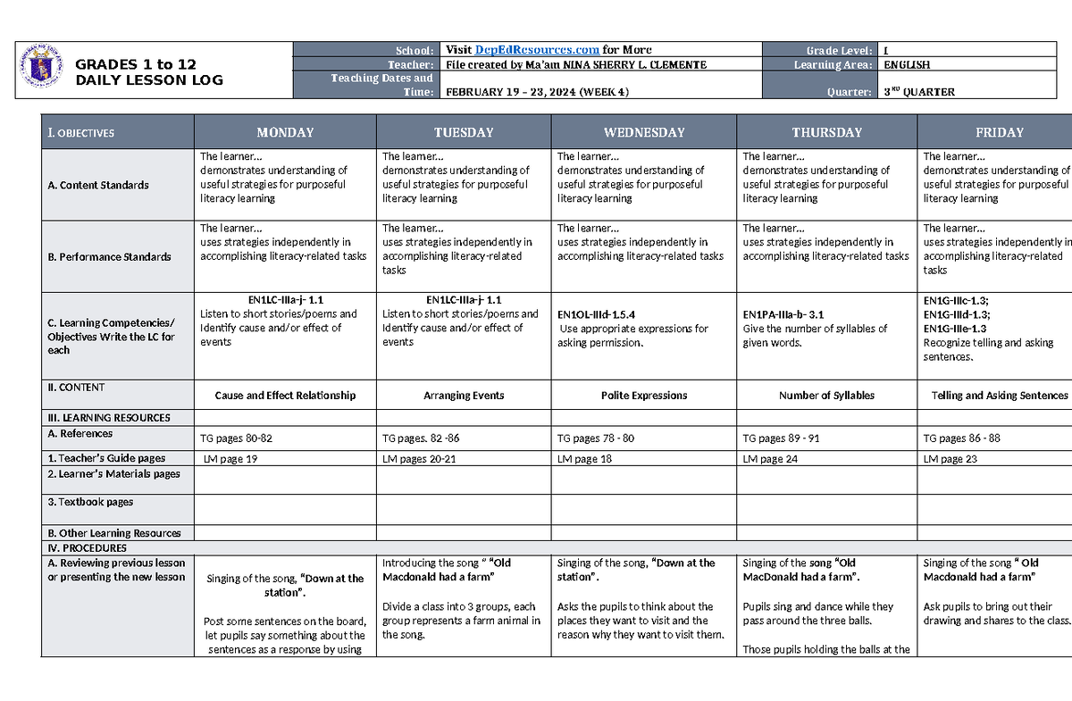 DLL English 1 Q3 W4 - GRADES 1 to 12 DAILY LESSON LOG School: Visit ...