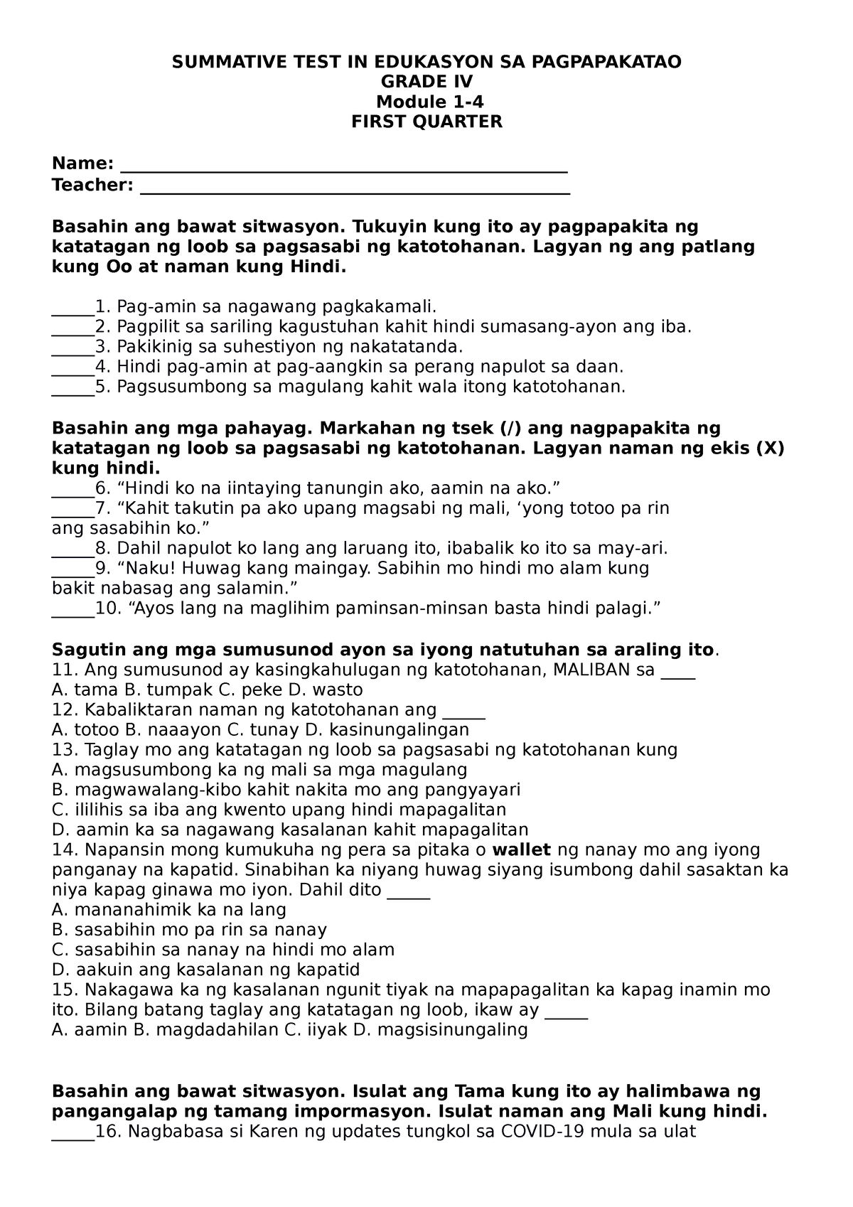 Summative Test In Edukasyon Sa Pagpapakatao Summative Test In Edukasyon Sa Pagpapakatao Grade 0612