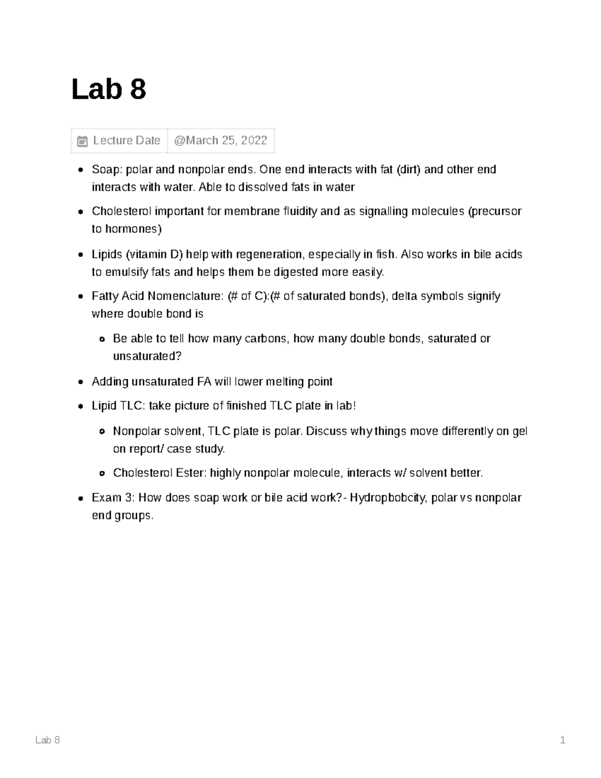 Lab 8 Notes over lipids, cholesterol, and extraction. Lab 8 1 Lab 8