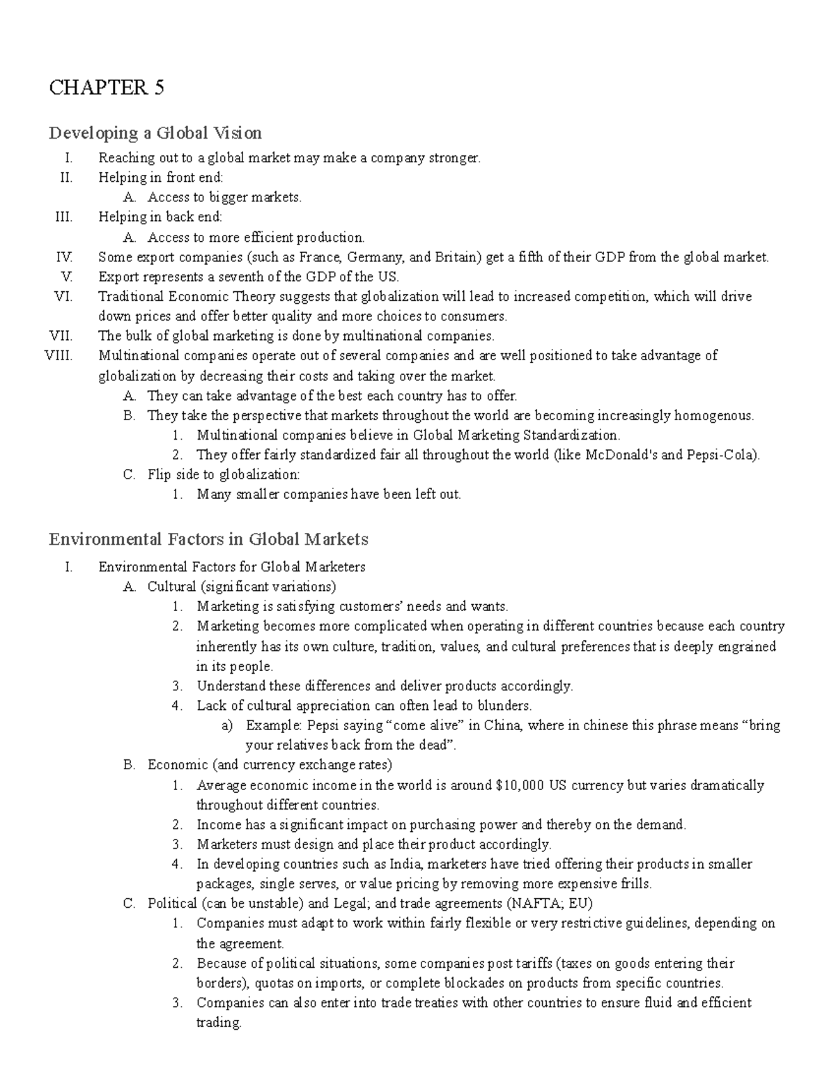 MKTG 351 Final Video Notes - CHAPTER 5 Developing a Global Vision I. II ...