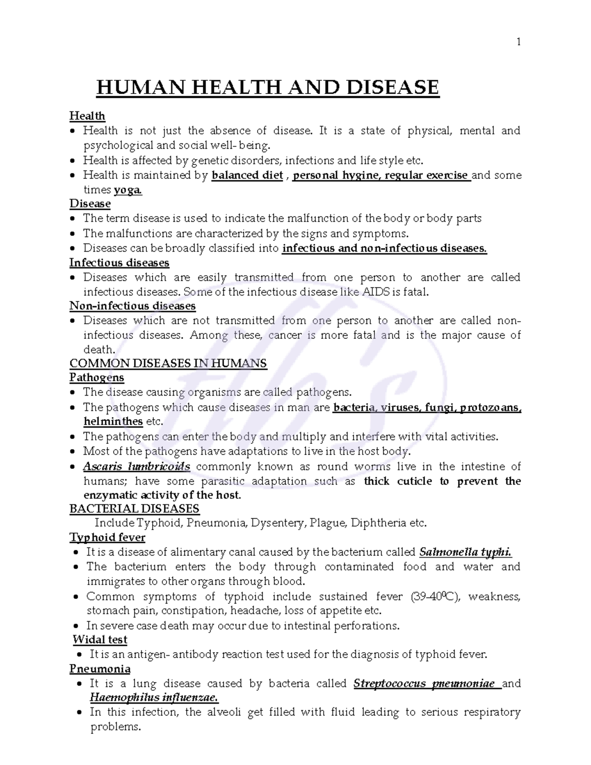 Human Health Notes - HUMAN HEALTH AND DISEASE Health Health is not just ...