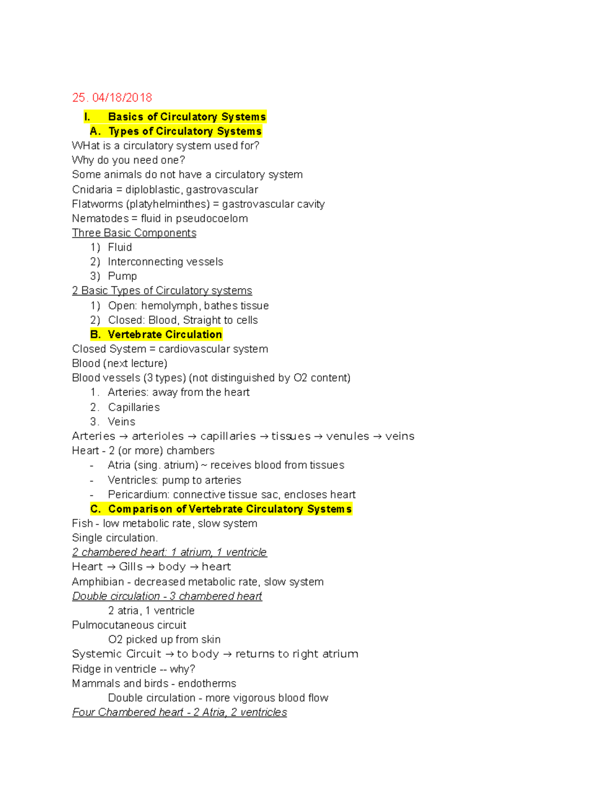 Gen bio 2 notes 25 - 25. 04/18/ I. Basics of Circulatory Systems A ...
