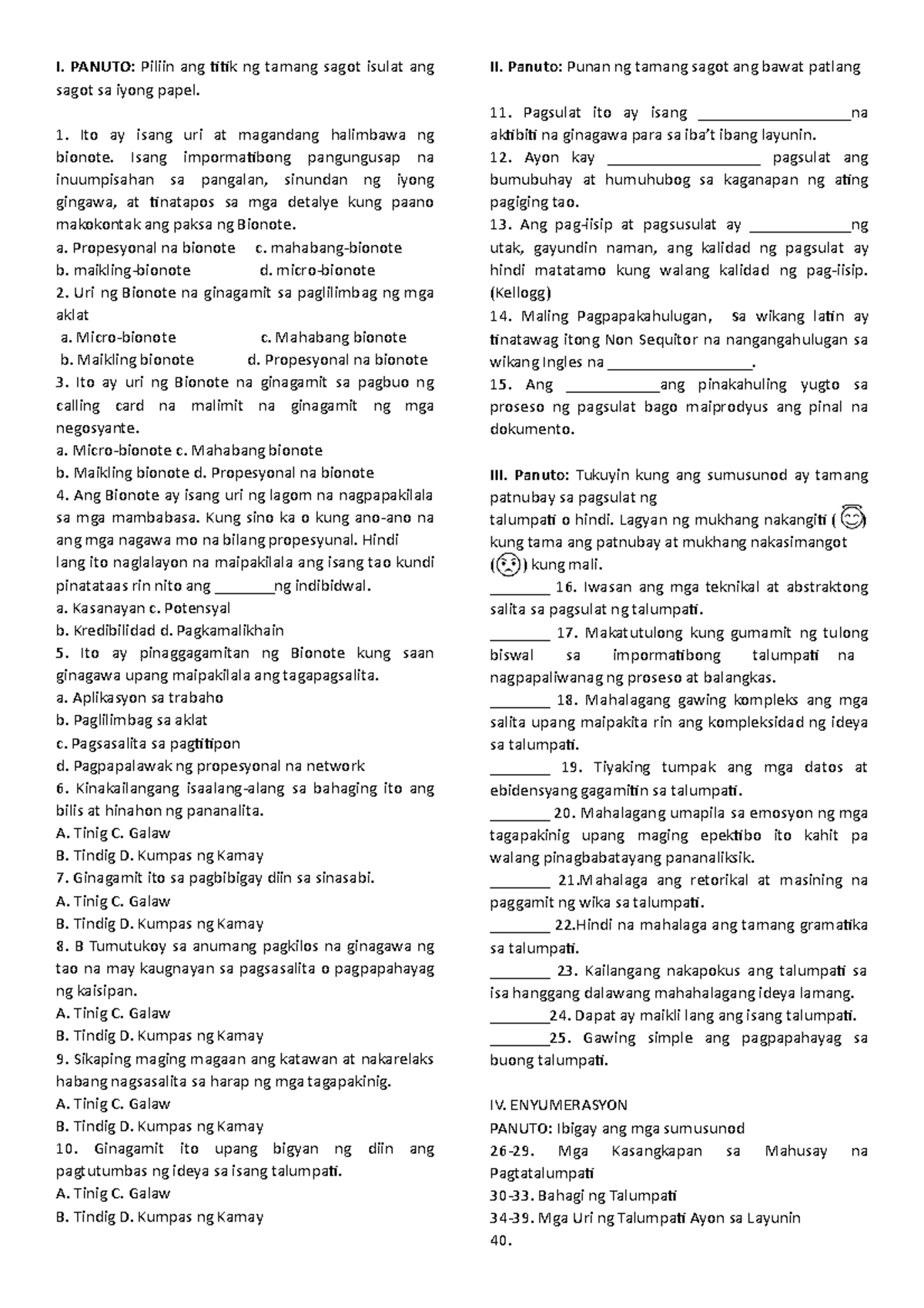 Longtest W4-8 - LONG TEST PRACTICE TEST - I. PANUTO: Piliin ang titik ...