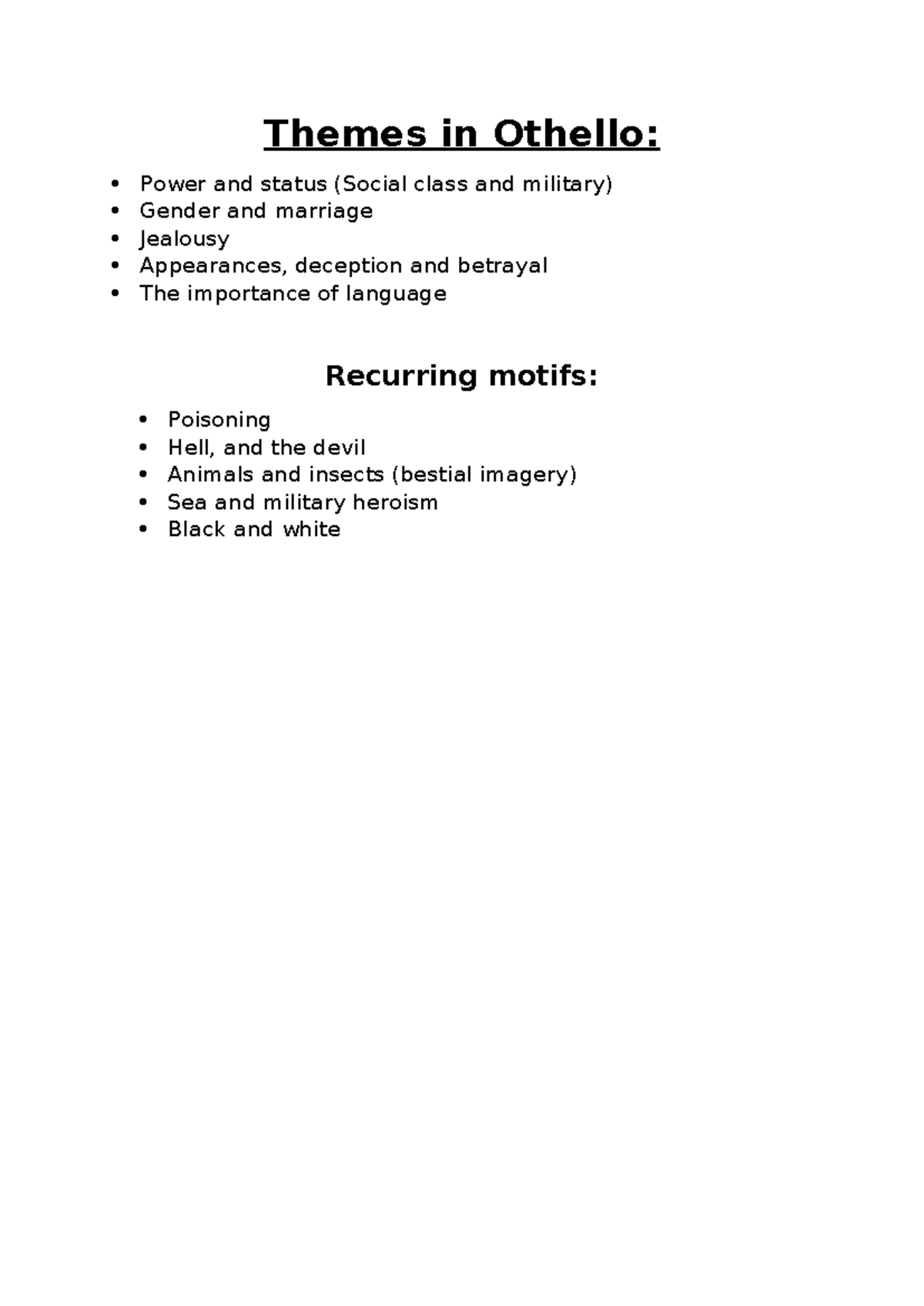 Themes in Othello and Reccuring Motifs - Themes in Othello: Power and ...