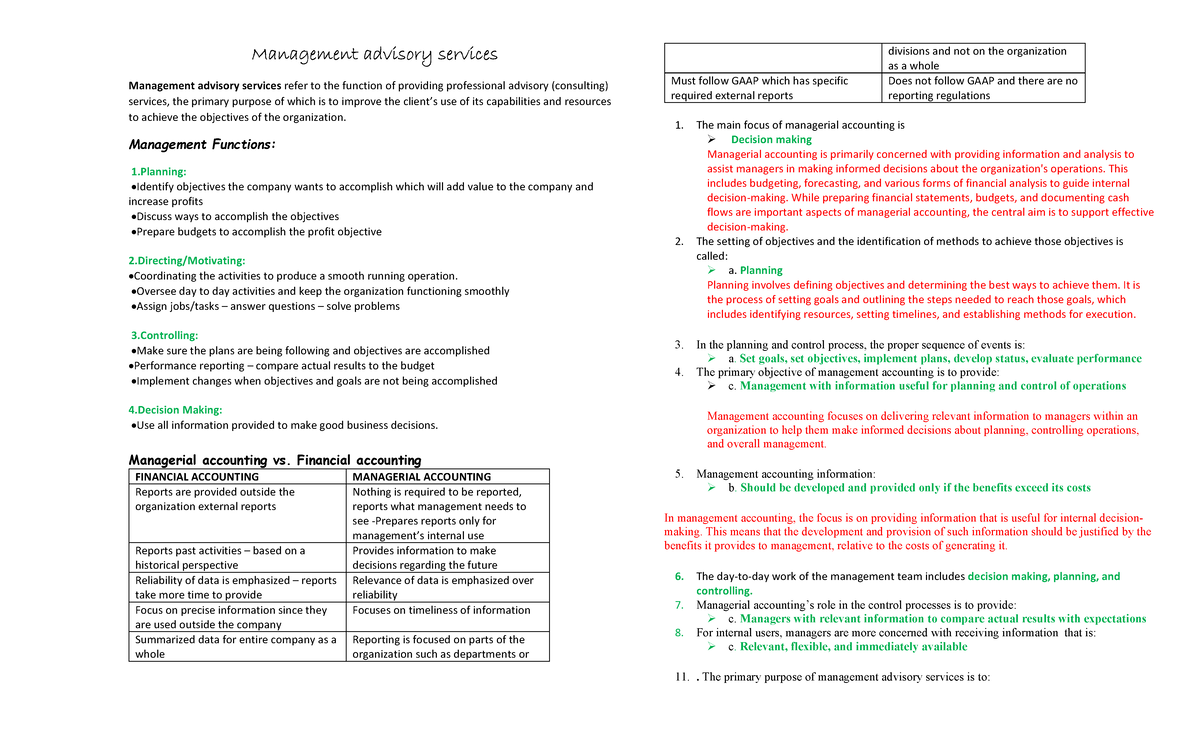 Basic Consideration IN MAS - Management advisory services Management ...