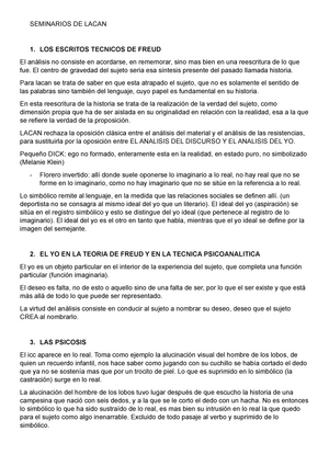 Seminarios DE Lacan - SEMINARIOS DE LACAN 1. LOS ESCRITOS TECNICOS DE FREUD  El análisis no consiste - Studocu