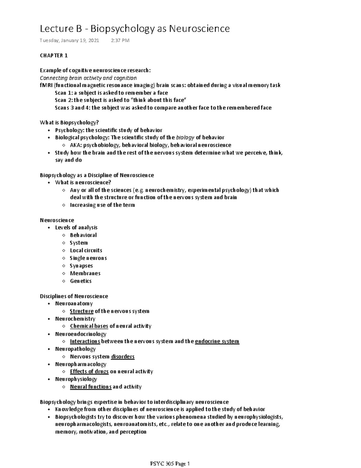 Lecture B - Biopsychology as Neuroscience - CHAPTER 1 Example of ...