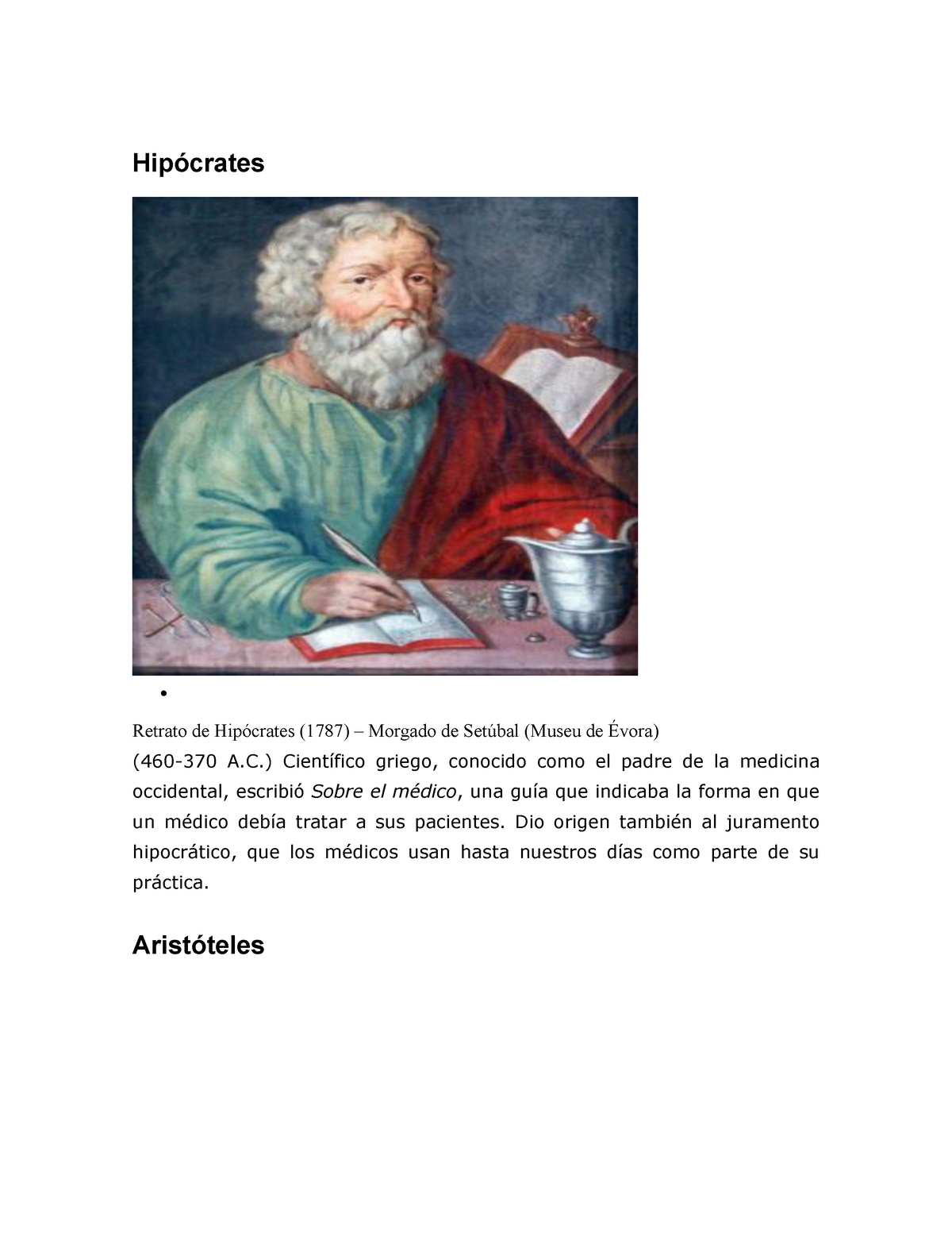 Científicos que han aportado a la biología - Hipócrates • • Retrato de  Hipócrates (1787) – Morgado - Studocu