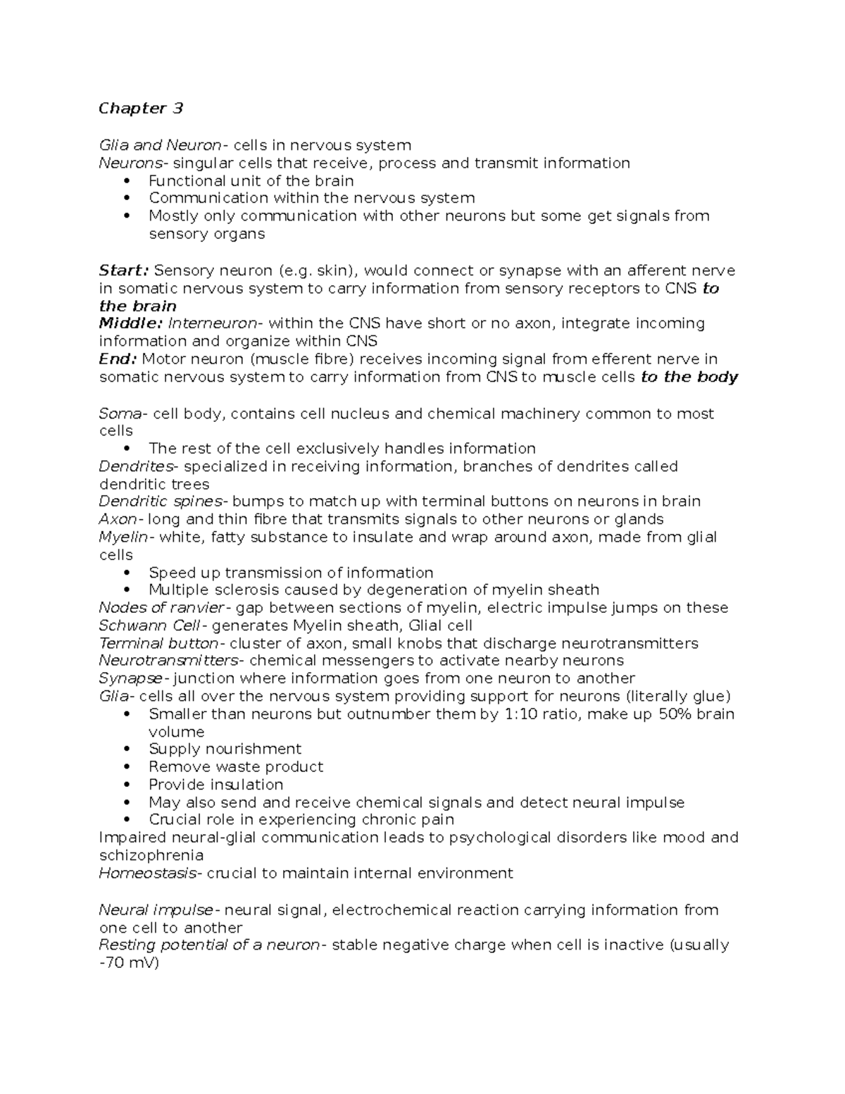 Psych Chapter 3+4 Notes - Chapter 3 Glia and Neuron- cells in nervous ...