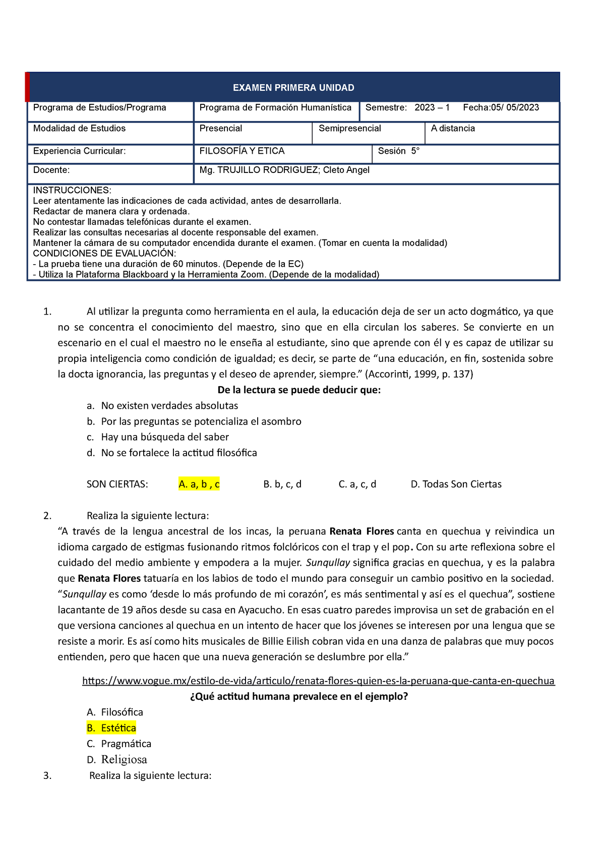 Examen Primera Unidad 2023 - 1 - EXAMEN PRIMERA UNIDAD Programa De ...