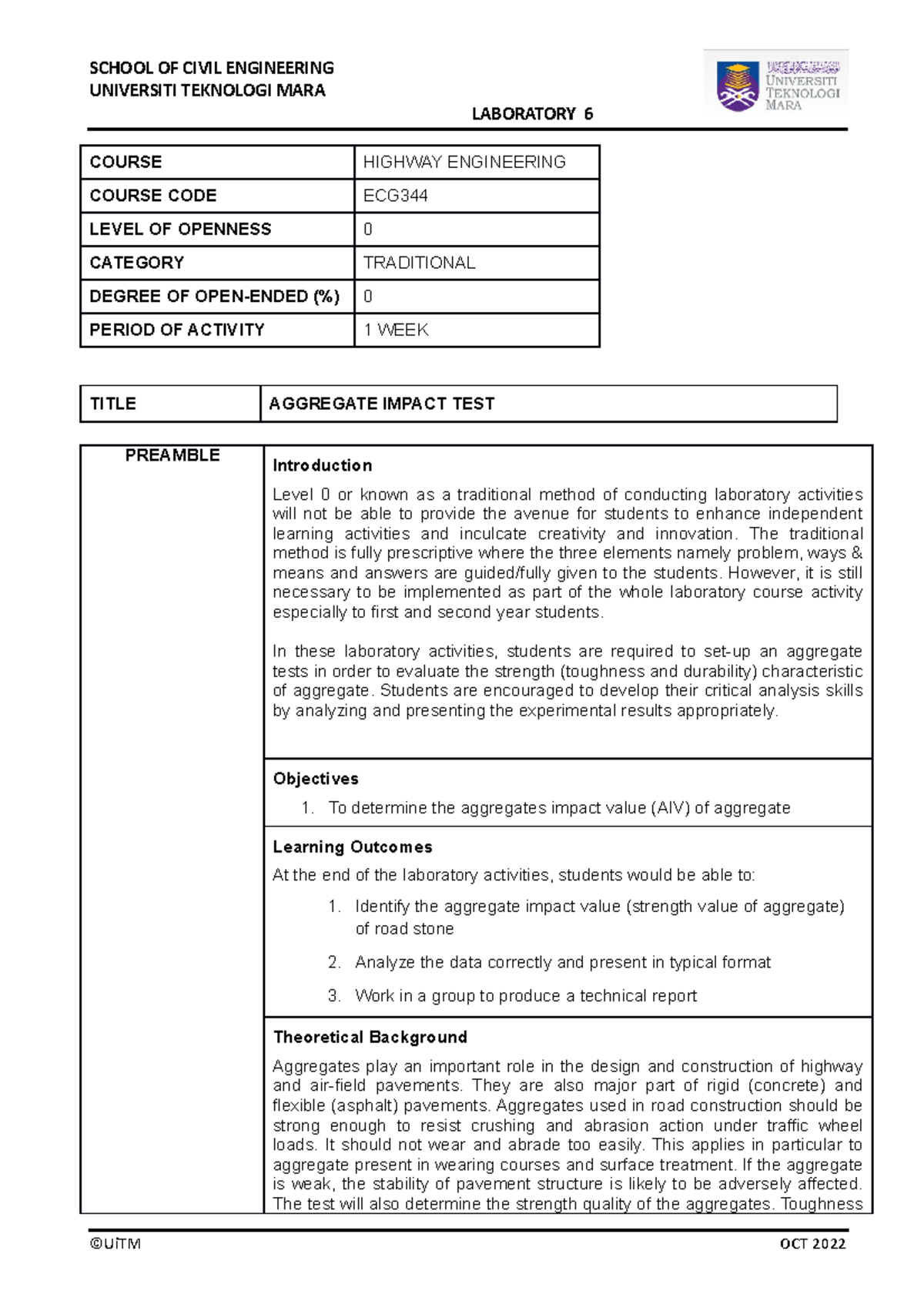 LAB 6- Aggregate Impact Test OEL0 - SCHOOL OF CIVIL ENGINEERING ...