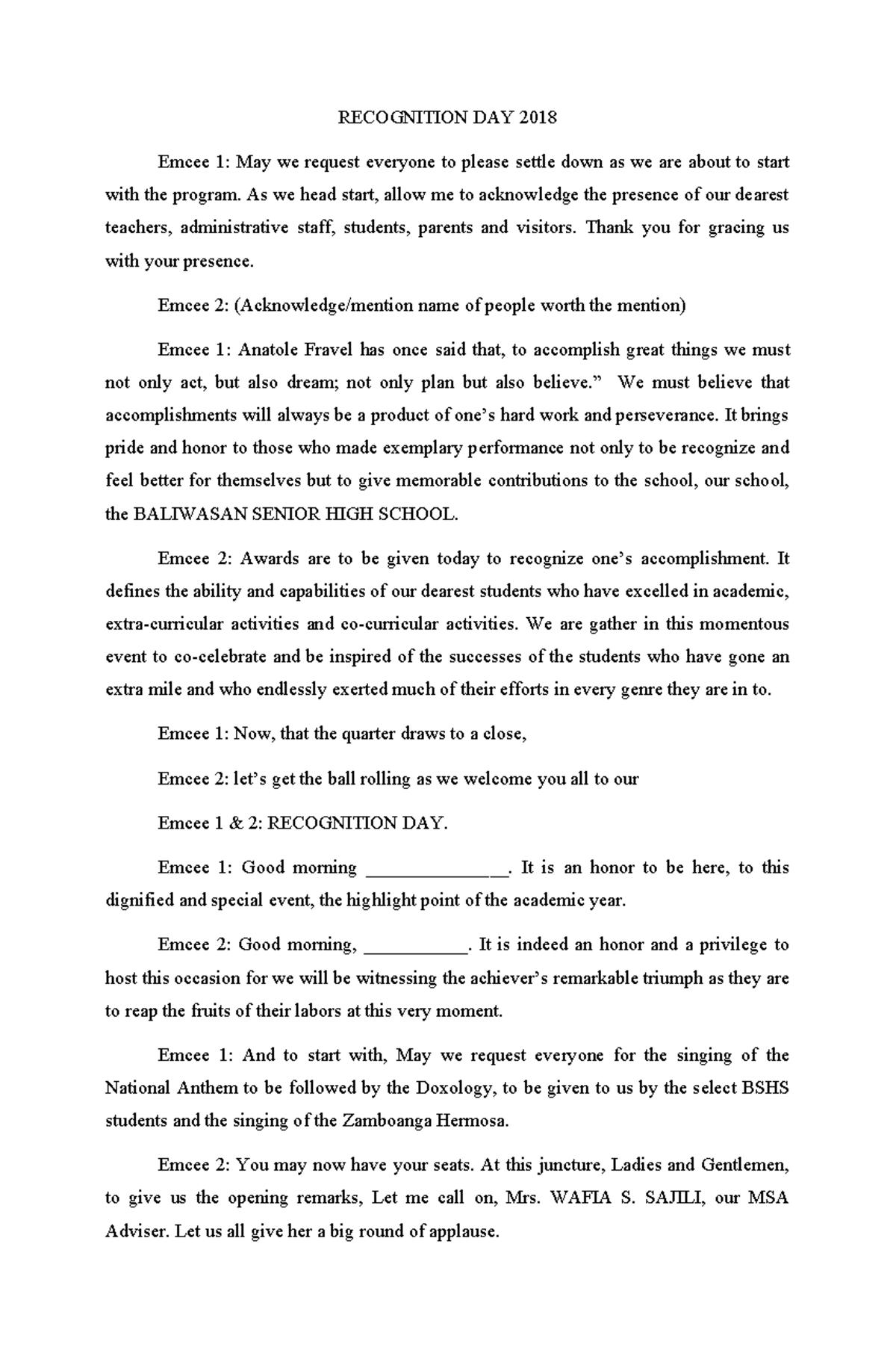 392031361 Script for the Recognition Day - RECOGNITION DAY 2018 Emcee 1 ...