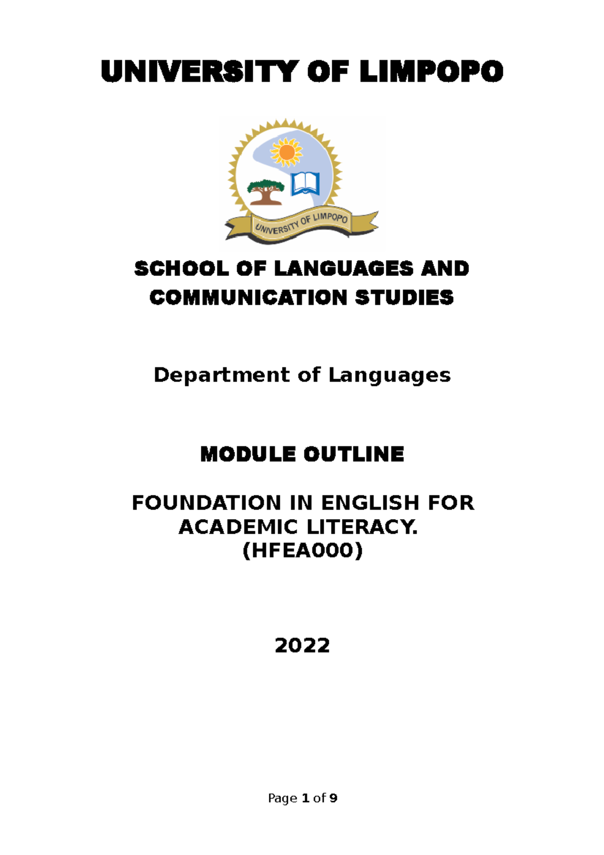 2022 Hfea000 Module Outline 1 - UNIVERSITY OF LIMPOPO SCHOOL OF ...