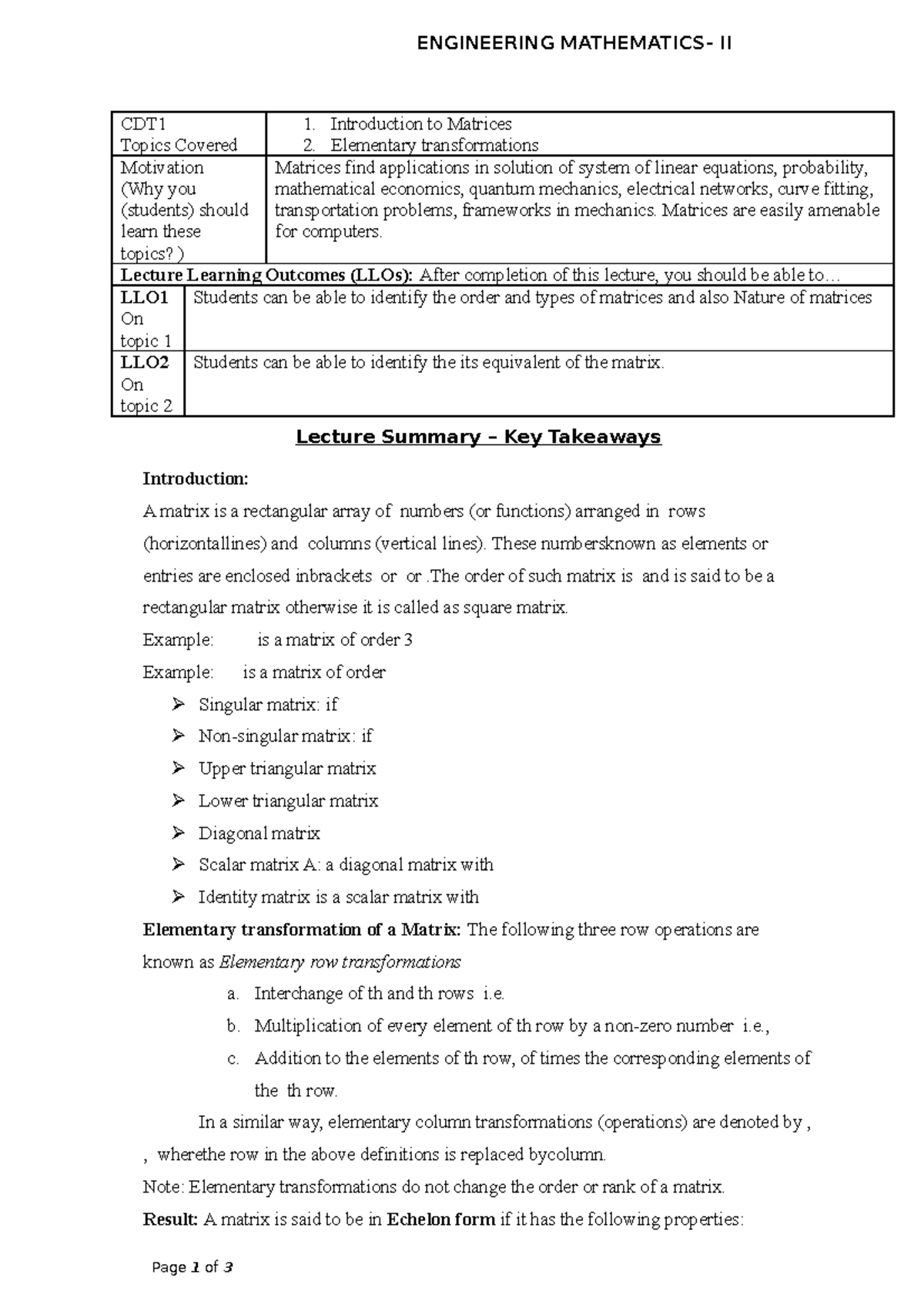 Introduction to Matrices - ENGINEERING MATHEMATICS- II CDT Topics ...
