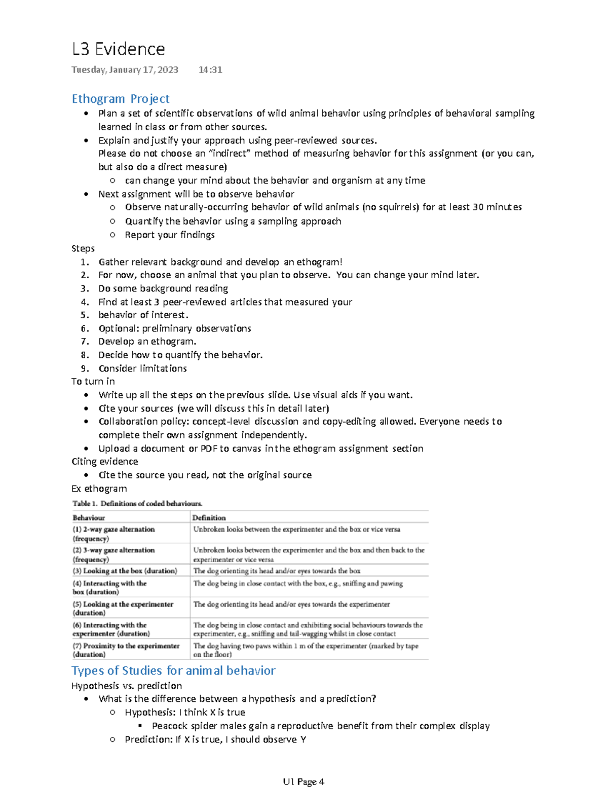 Unit 1 Scientific Evidence - Ethogram Project Plan a set of scientific ...