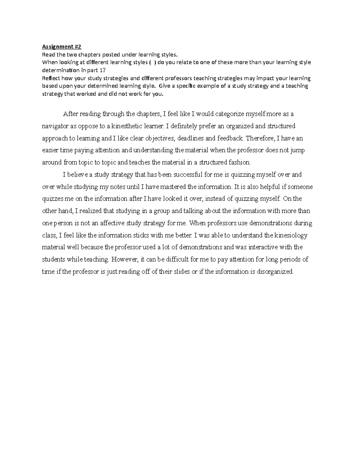 566 Learning Style Assignments - Assignment # Read the two chapters ...