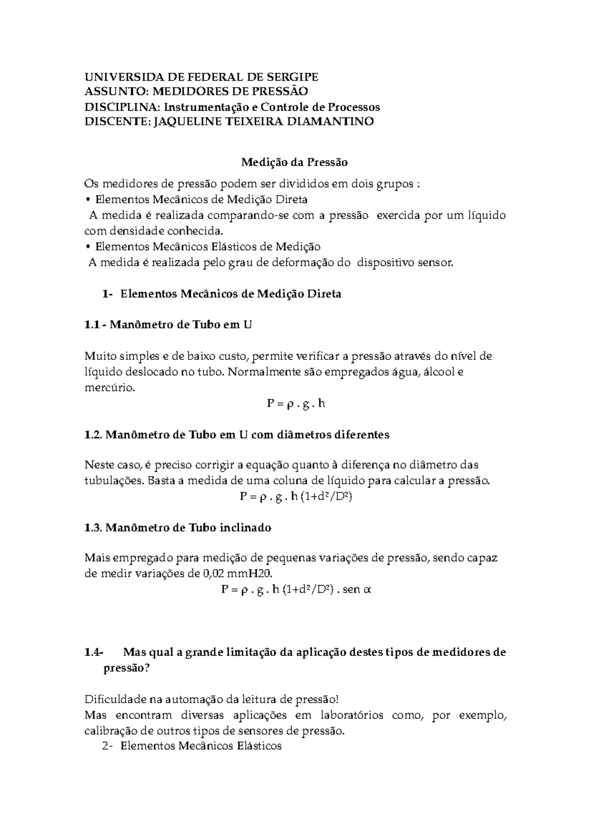 Icp Medidor De Pressao 1 Universida De Federal De Sergipe Assunto Medidores Studocu