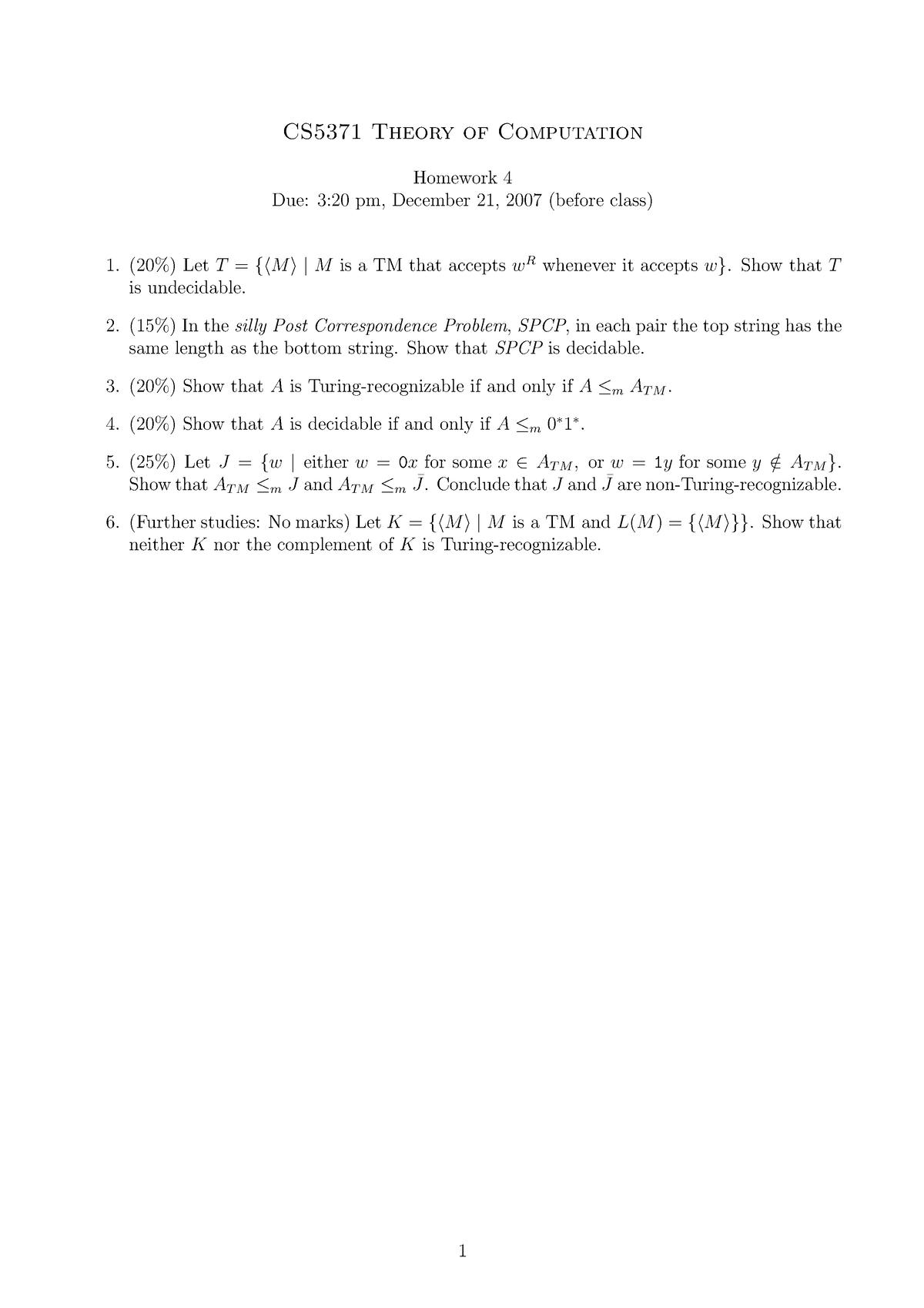 Assign 4 - CS5371 Theory Of Computation Homework 4 Due: 3:20 Pm ...