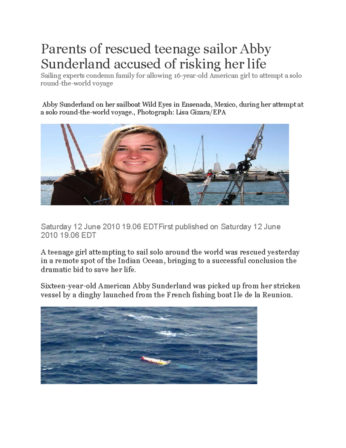 Abby too Young to Sail? Unit 5 (Answer) - Parents of rescued teenage - Was Abby Too Young To Sail Cbs News